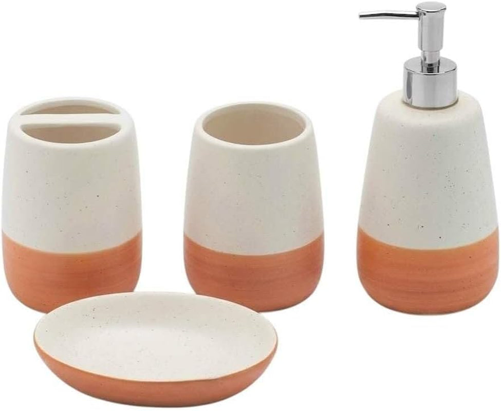 Four-piece ceramic bathroom set with speckled white tops and terracotta-colored bottoms shown on white background