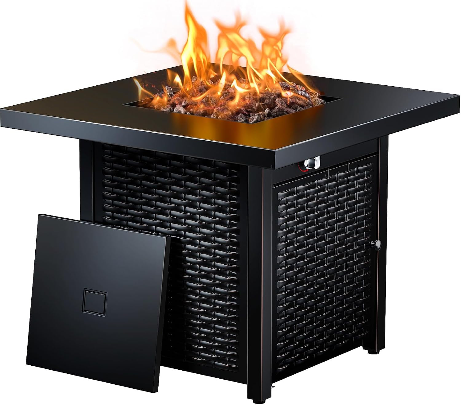 Black square fire pit showing woven-texture side panels and a detached square access door leaning against the base.