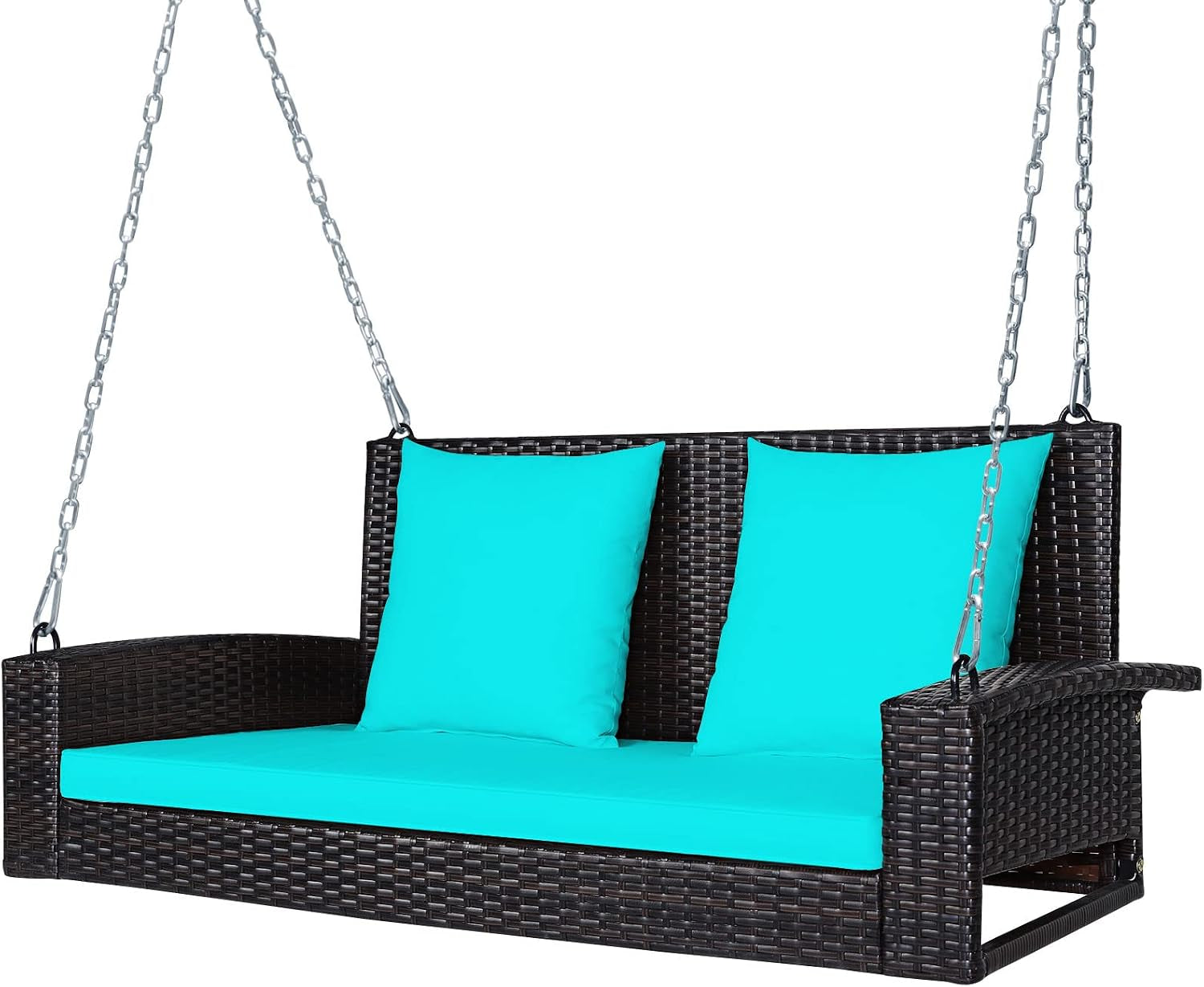 Two-person dark brown wicker hanging porch swing with bright turquoise seat cushion and two back pillows, suspended by metal