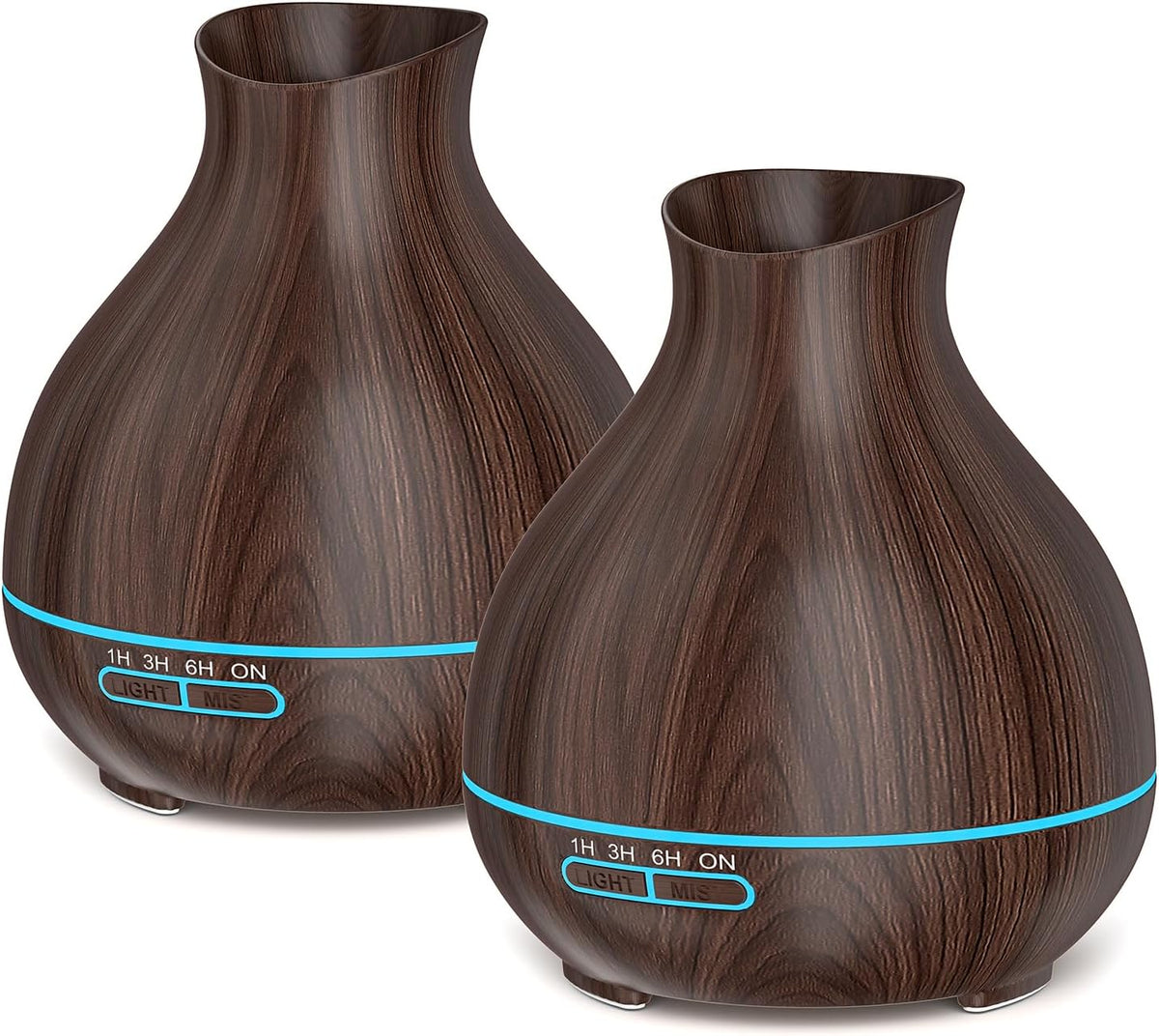 Two dark wood-grain aroma diffusers angled to show front controls and glossy wood texture.