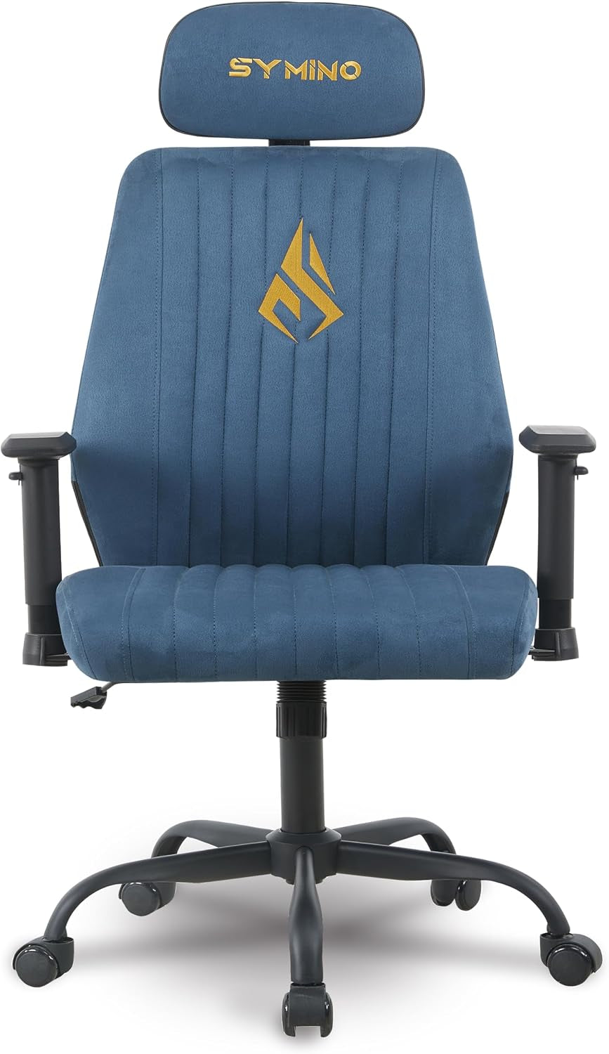 Light blue office chair front view with tall back, separate headrest and vertical stitched seat panels
