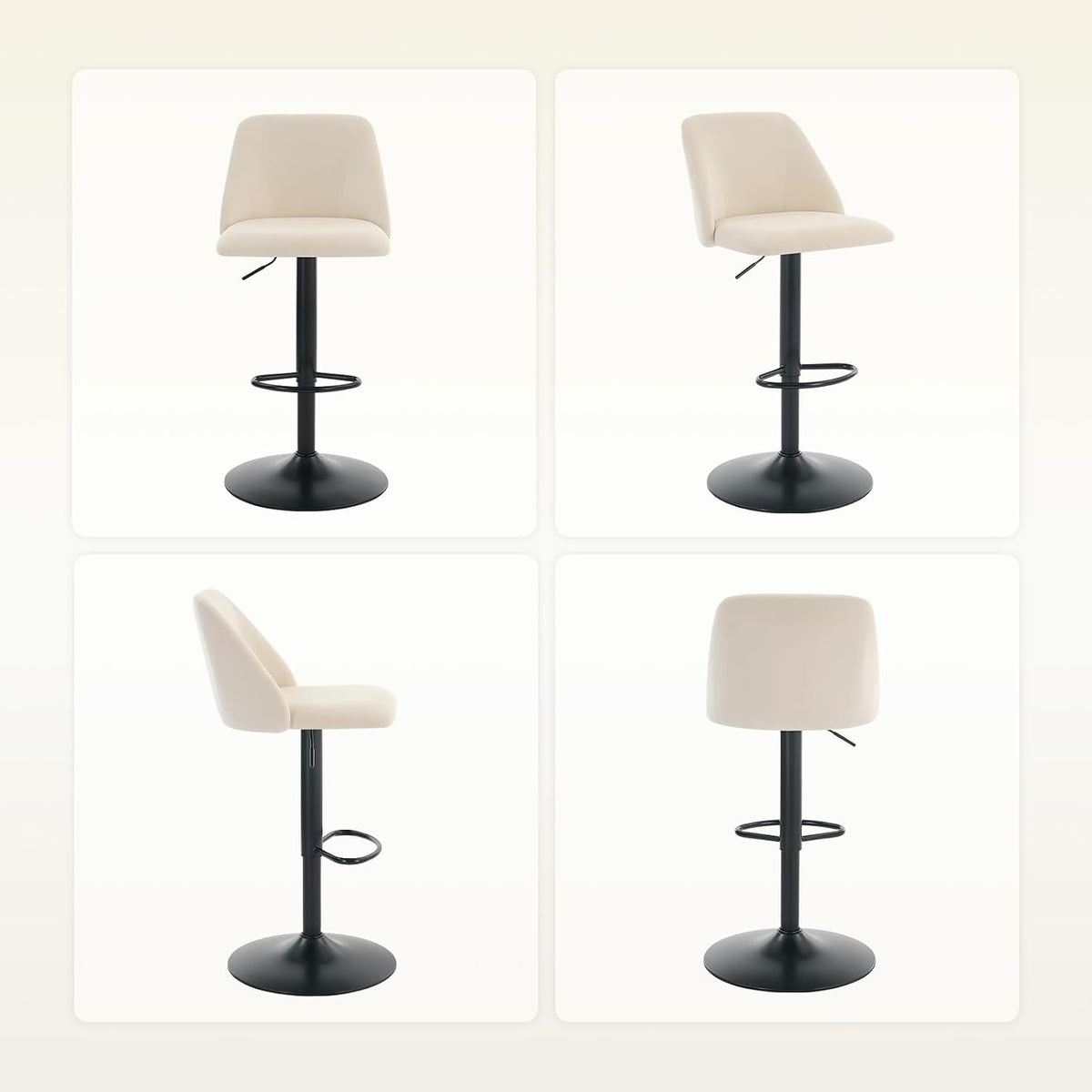 Grid of four views: front, three-quarter, side and back of a beige bar stool on a white background