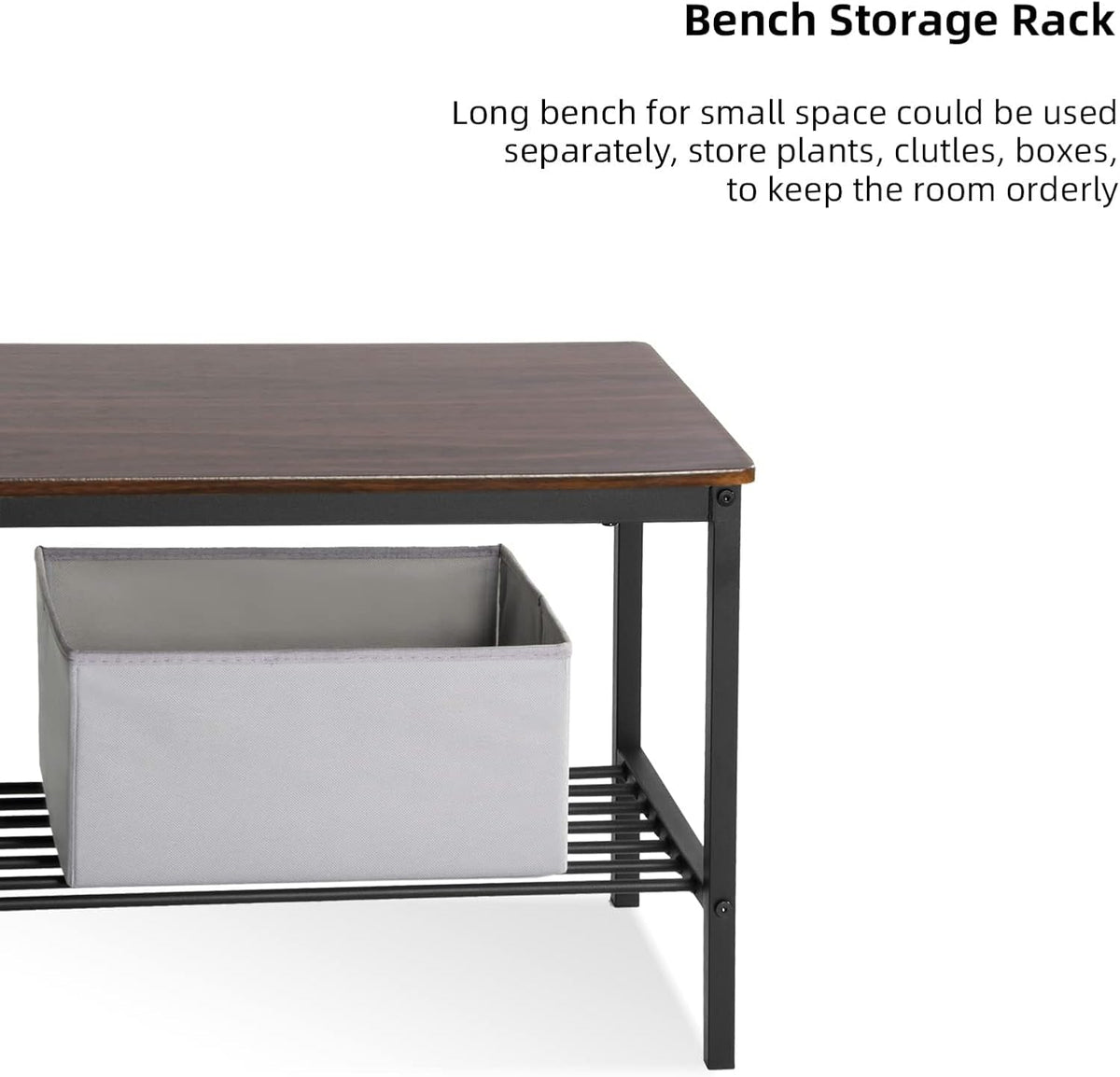Close-up of bench end showing wood top, metal legs and a gray fabric storage bin on the slatted lower rack