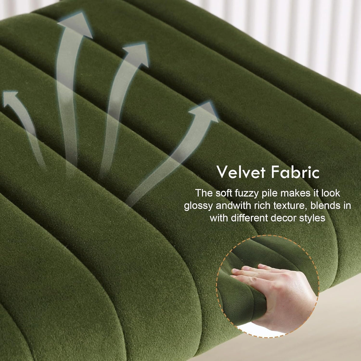 Close-up of green velvet ribbed channel tufting on the chair seat showing textured pile and stitched channels