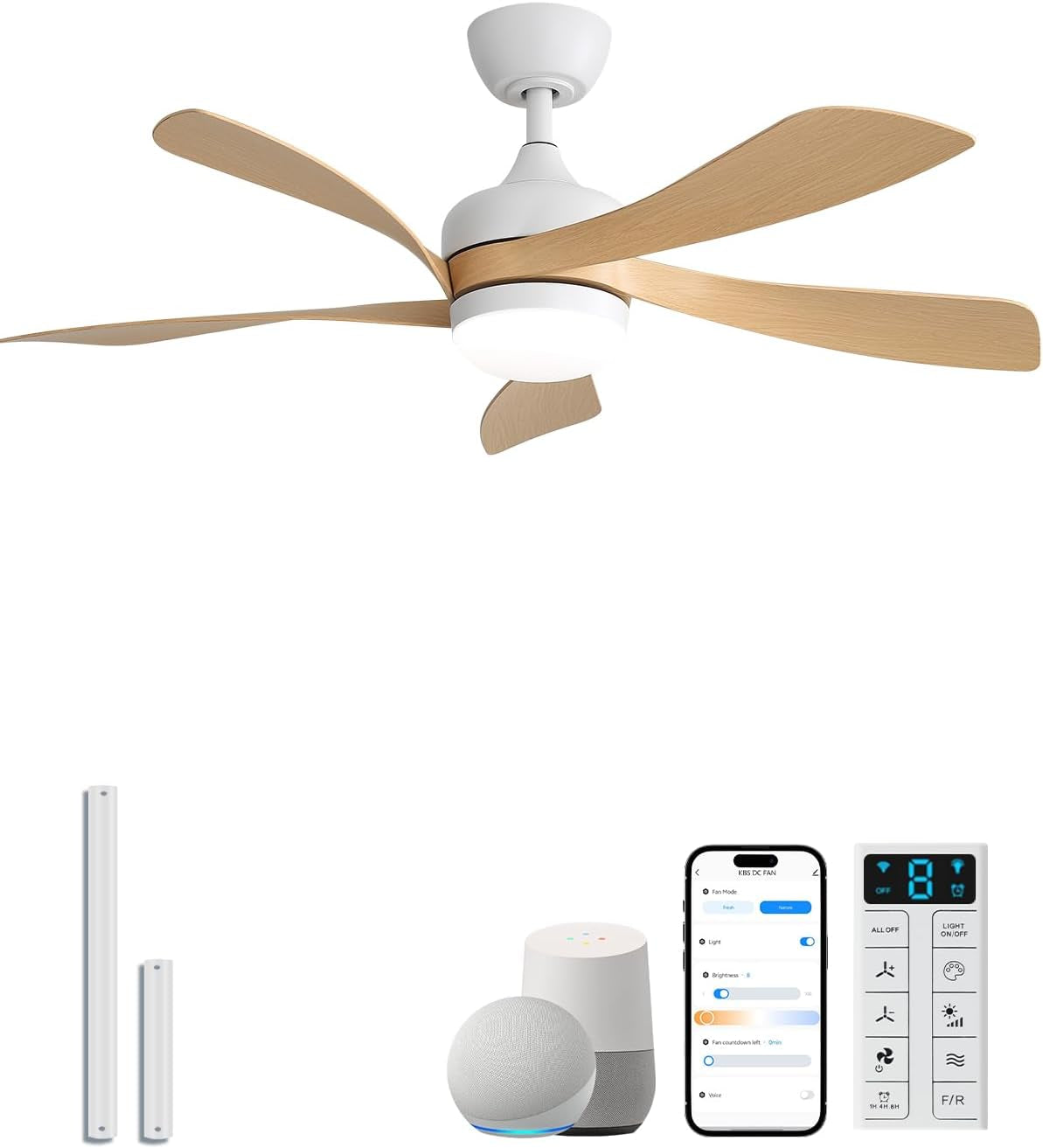 Light wood five-blade ceiling fan with white motor housing shown above smart speaker, phone app and wall remote.