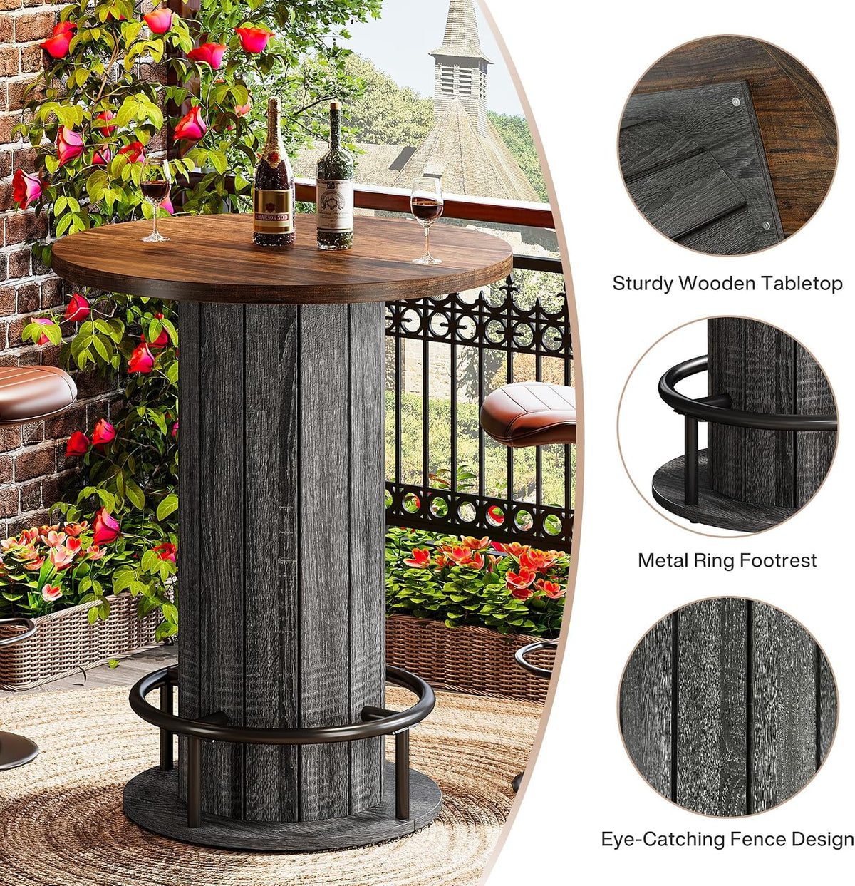 Three-panel detail view highlighting the sturdy wooden tabletop, metal ring footrest and eye-catching fence-style base