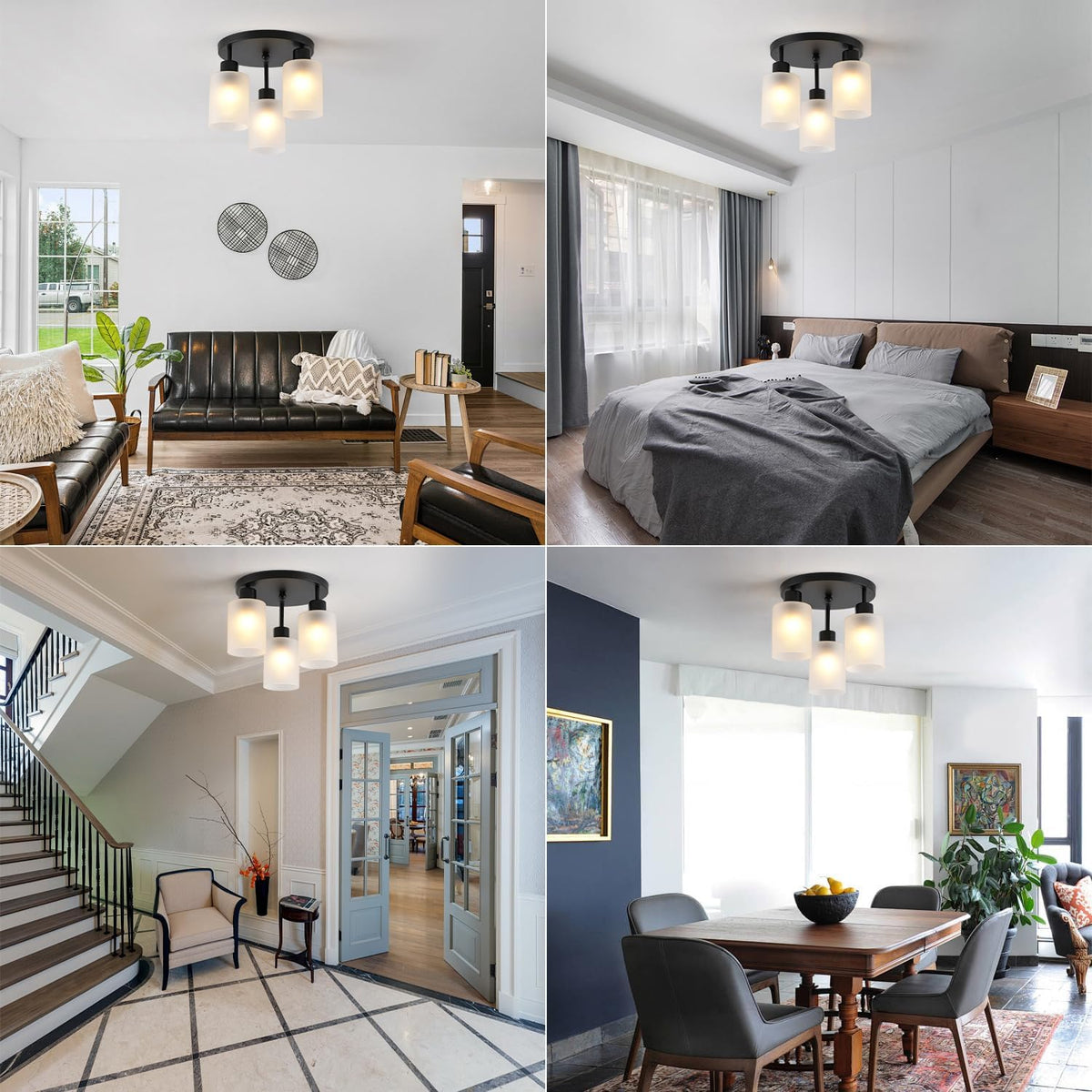 Collage of rooms showing the three-light ceiling fixture installed in entryway, dining and living spaces
