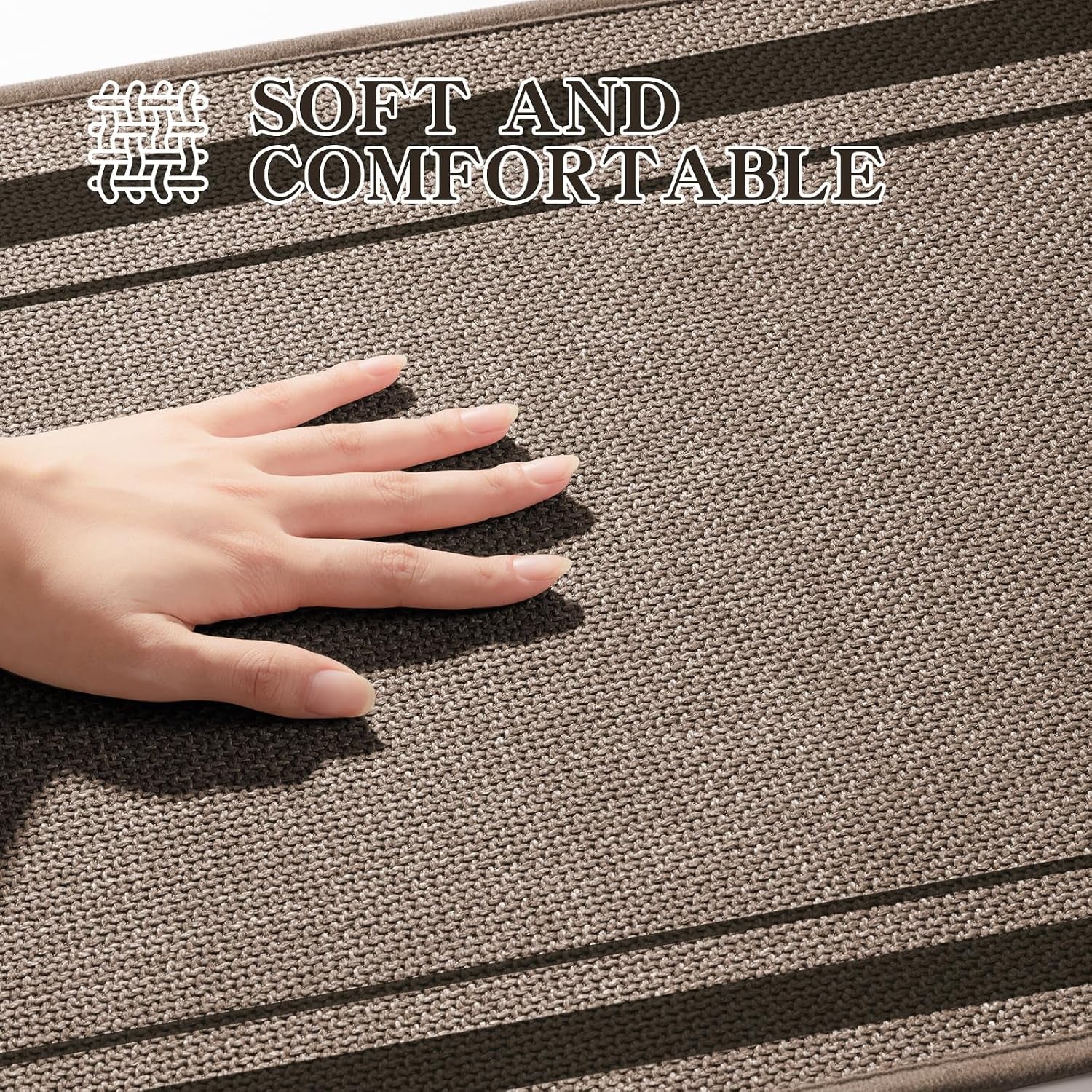 Hand touching braid chenille surface to show soft textured weave, border stitching, and trim detail in close-up