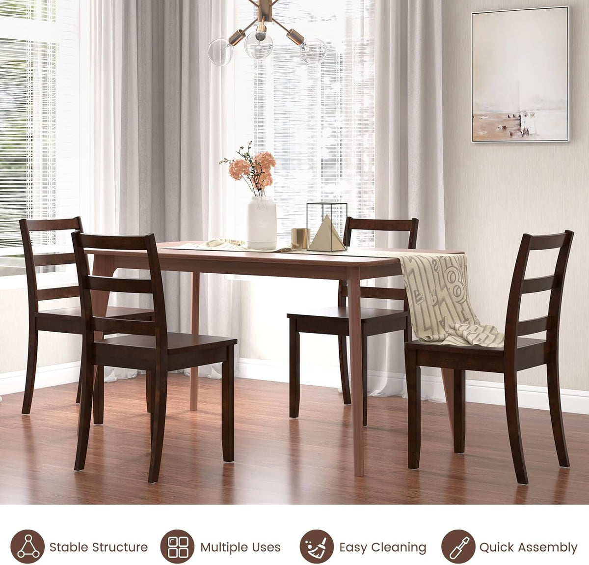 Dark brown ladder-back chairs arranged around a dining table in a bright room.