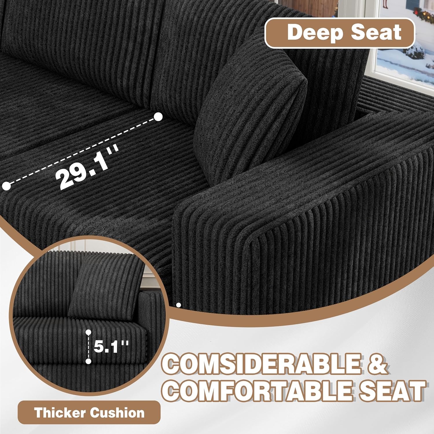 105" Boneless Couches for Living Room Modular Sectional Sofa L-Shape Couch with Oversized Chaise, Cloud Couch Deep Seat Memory Foam Upholstered for Bedroom, Plush Corduroy Fabric,Night Black