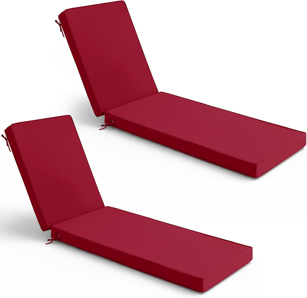 Two crimson-red chaise lounge cushions displayed flat with elevated backs and corner ties