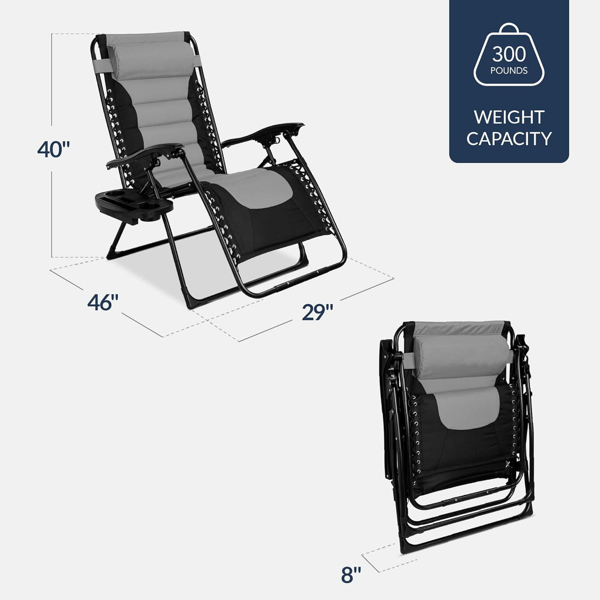 Black and gray recliner shown open and folded beside dimension graphics