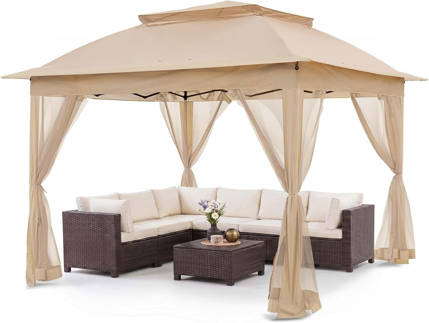 Beige pop-up gazebo with sheer mesh panels tied at each corner over outdoor seating set