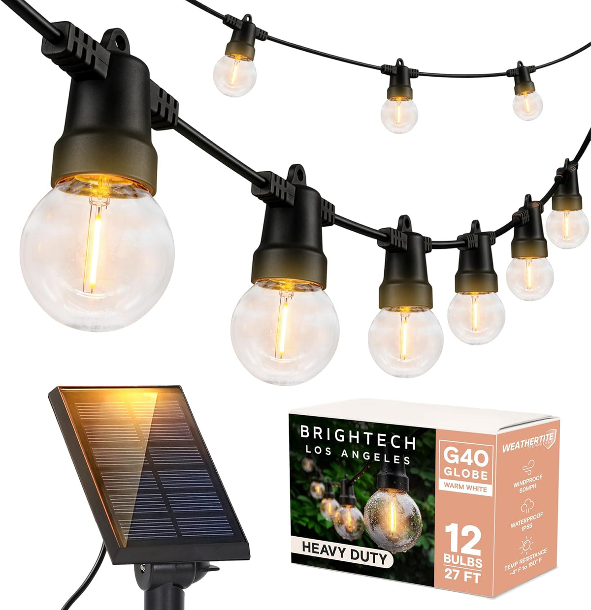 Close-up of string light bulbs with detachable solar panel and product box on a white background.