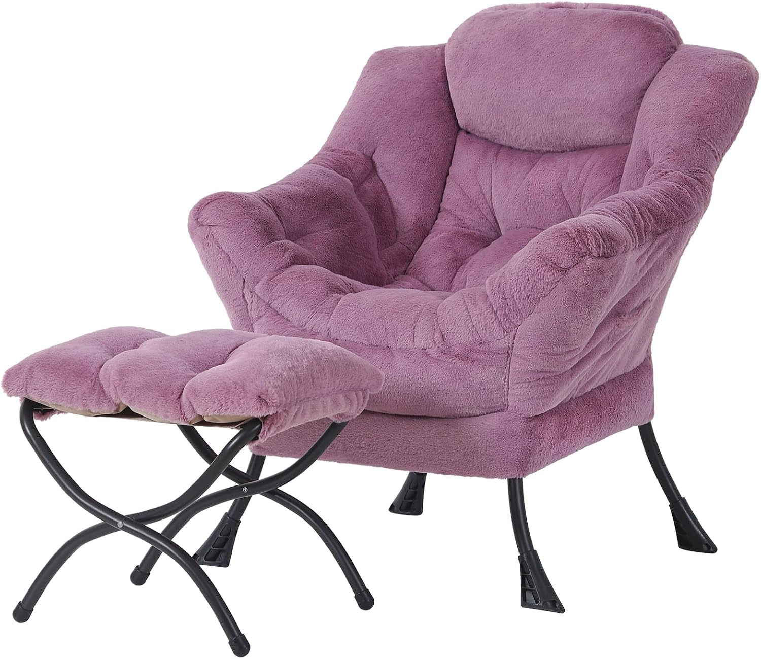Three-quarter view of a plush purple lounge chair paired with a matching padded ottoman on X-shaped legs.