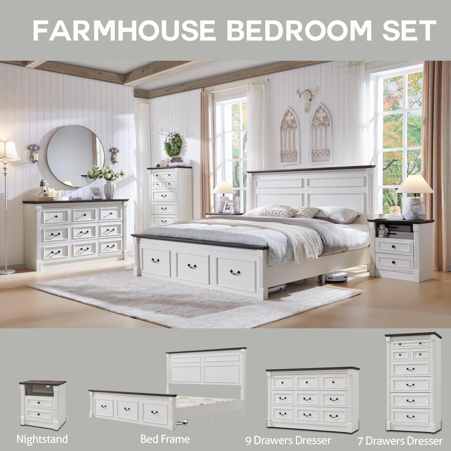 Coordinated farmhouse bedroom scene with white dresser, matching bed frame, nightstand and dresser