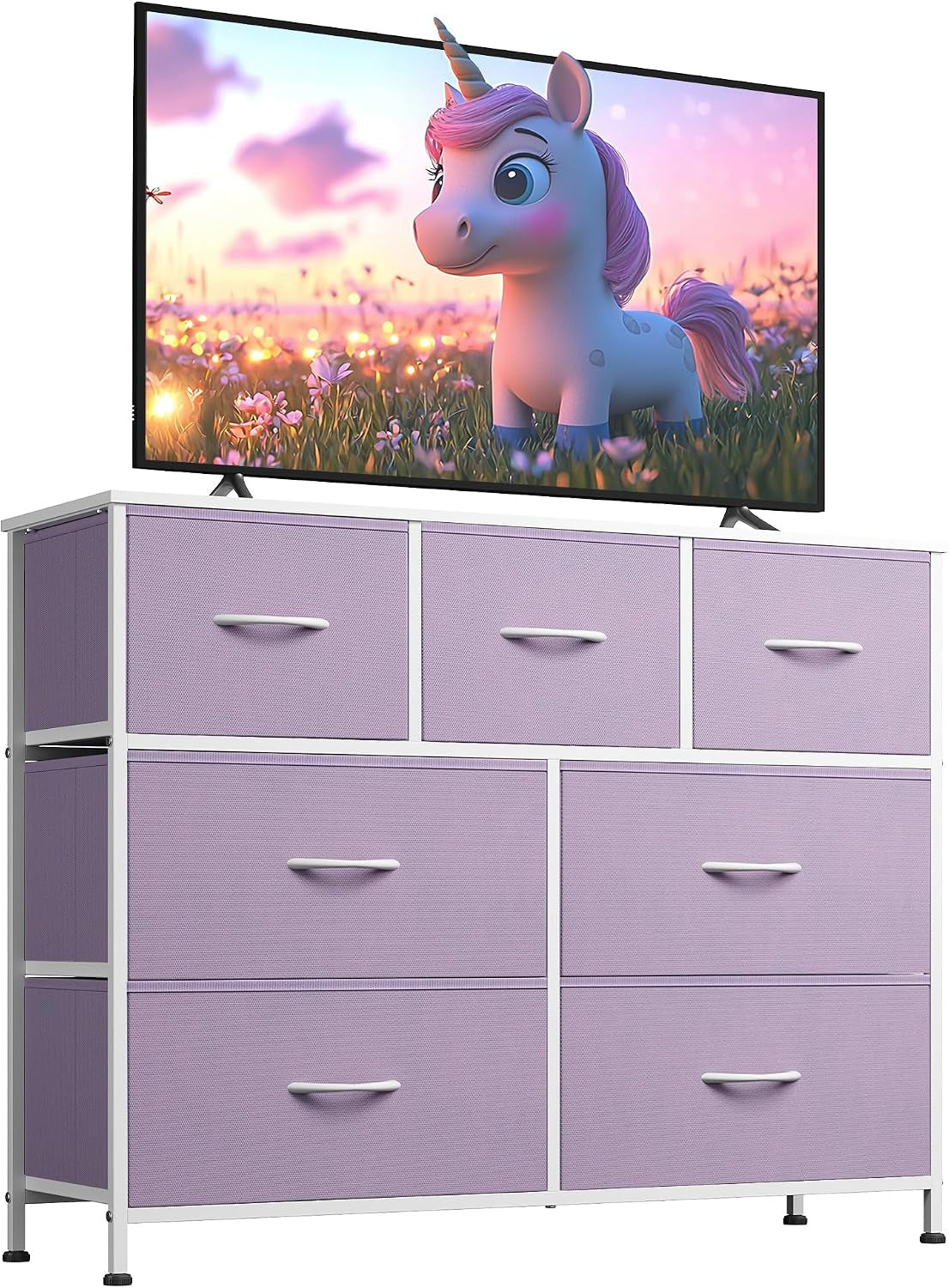 Front view of the dresser with purple fabric drawers used as a TV stand with screen above.