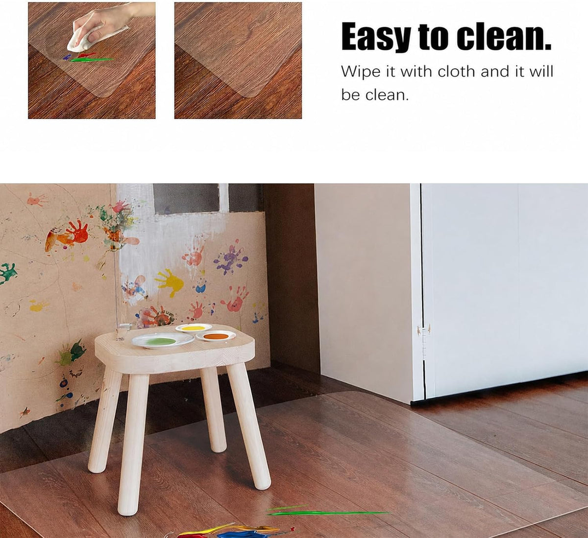 Clear PVC mat on wood floor beneath a small wooden stool and paint supplies with children's handprints on the wall