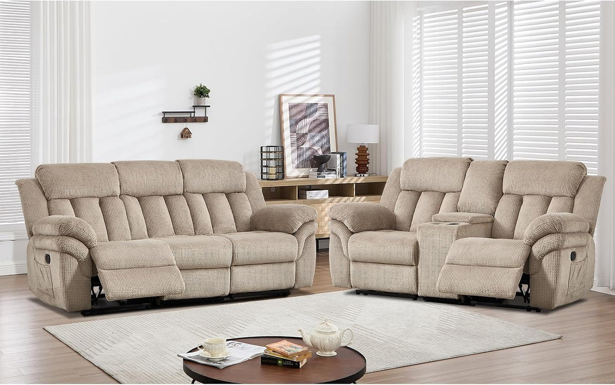 Light brown three-seat reclining sofa and matching two-seat recliner in a bright living room