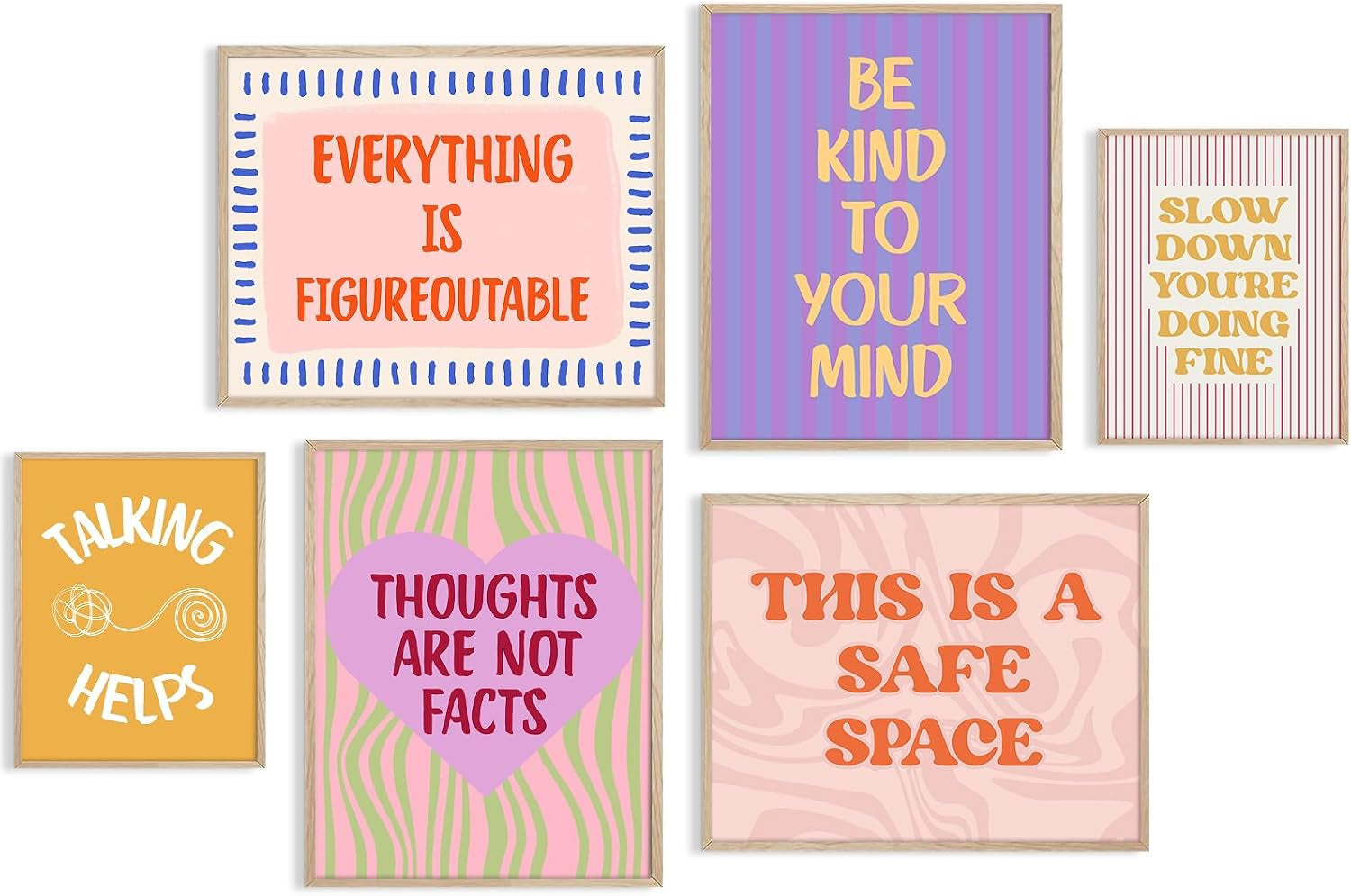 Six pastel framed typographic prints arranged together with abstract patterns and playful lettering.