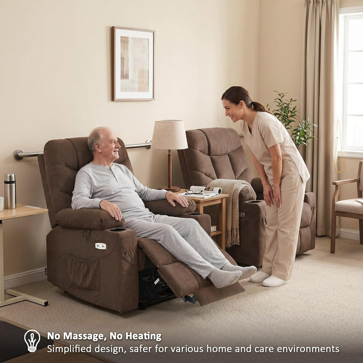 Two brown lift recliners in a care-room setting with a seated occupant and a standing caregiver