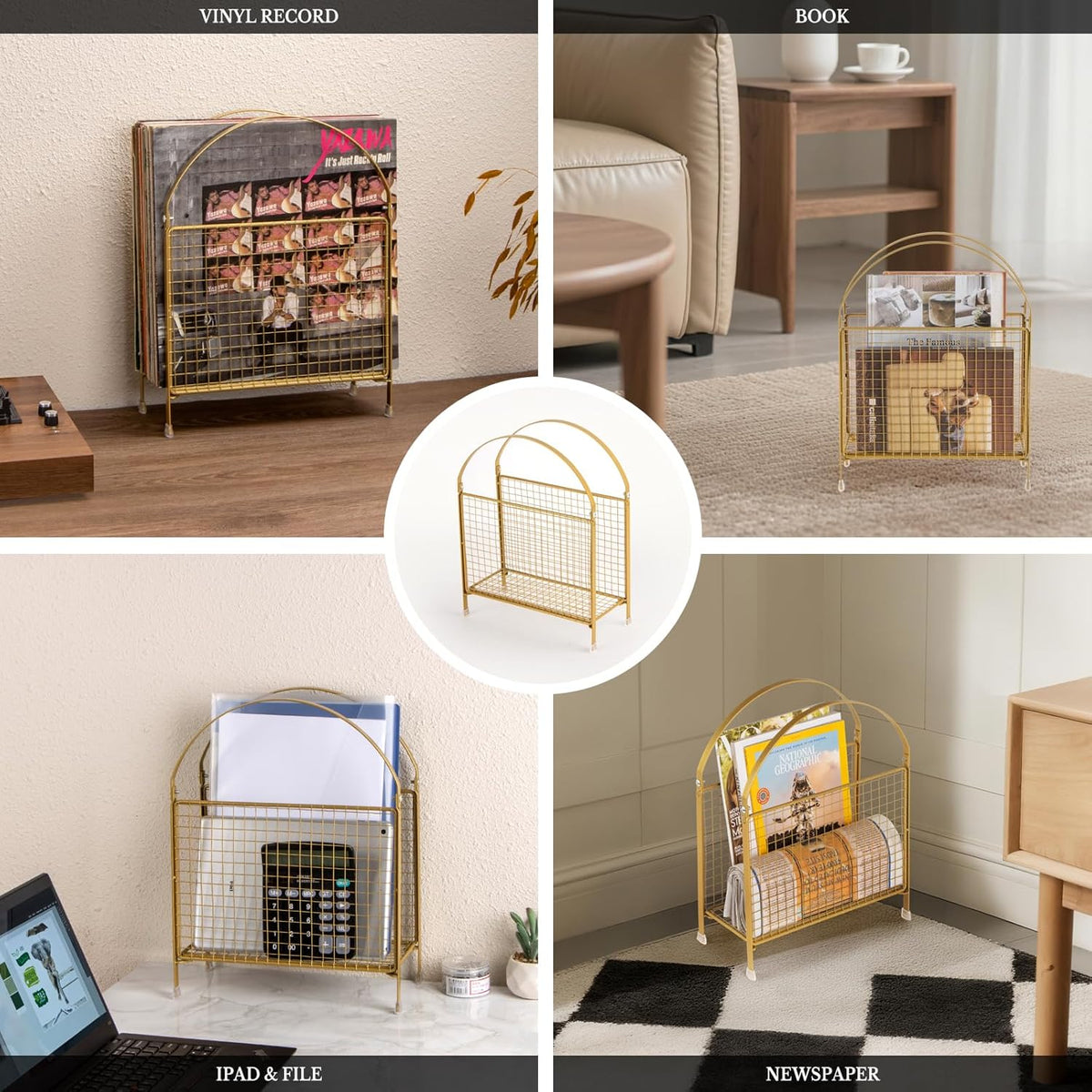 Multiple lifestyle shots showing the gold magazine holder storing records, books, tablets and newspapers