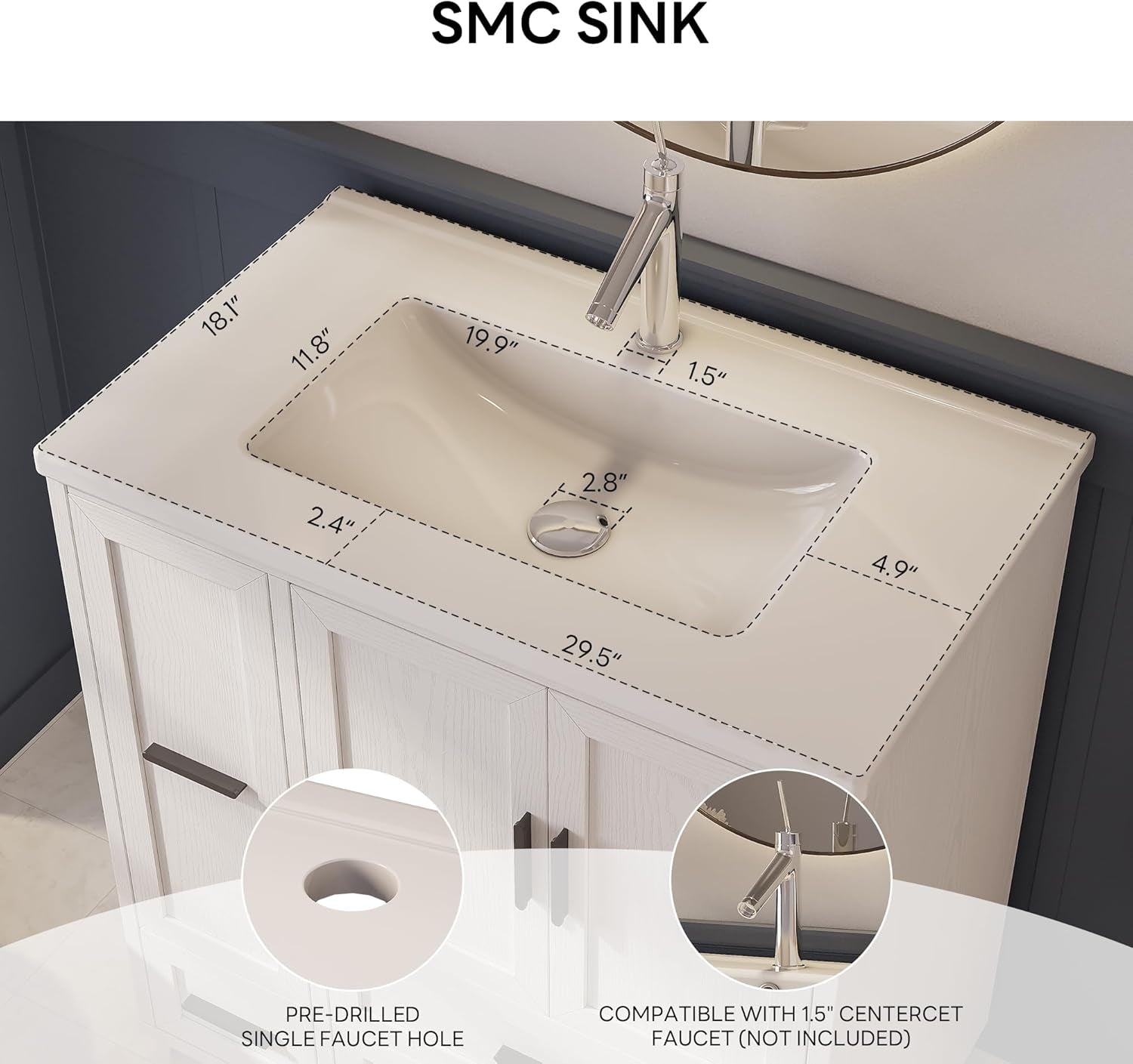 Close-up of the white SMC undermount sink with measurement overlays and a single faucet hole area visible