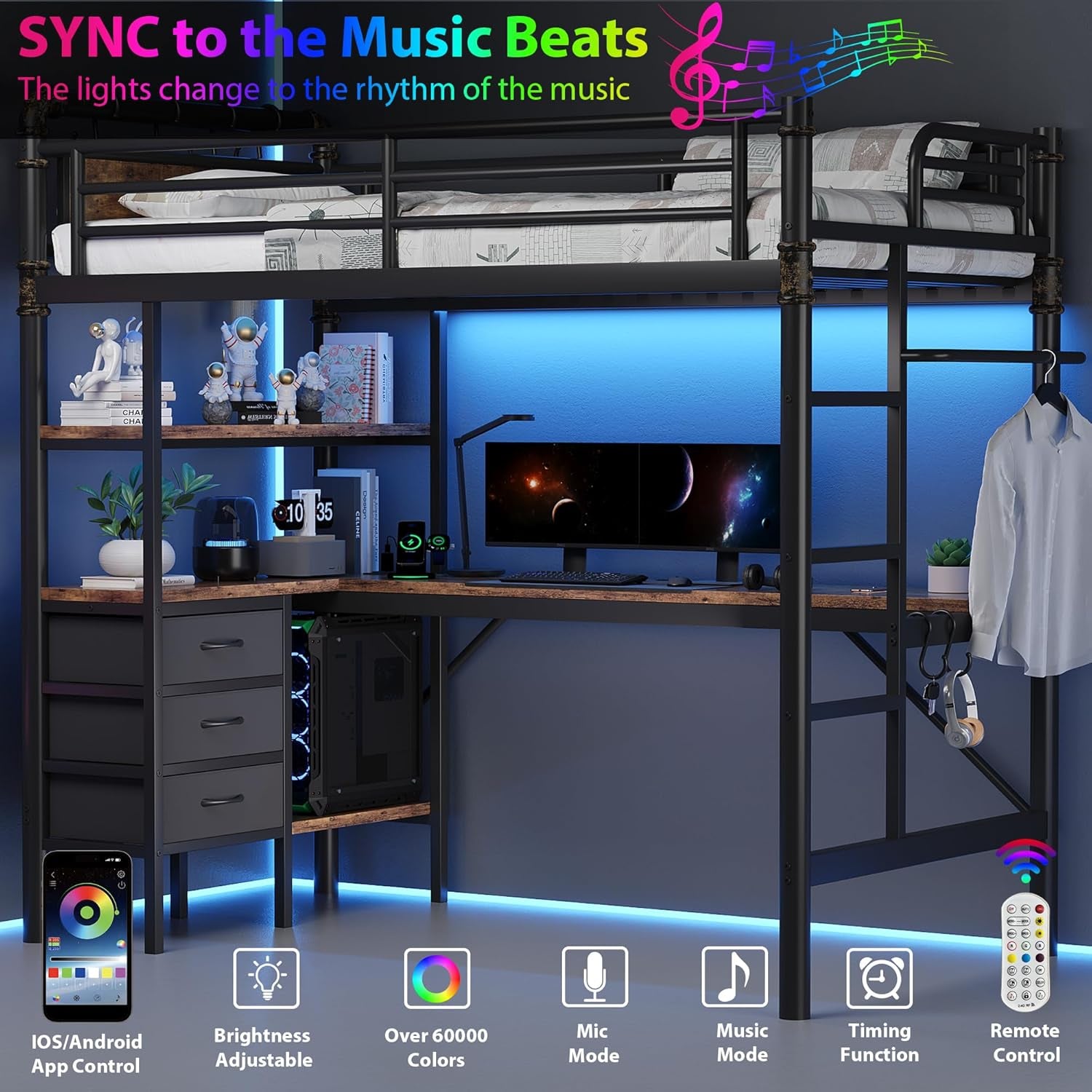Loft bed lit by rainbow LED strip that syncs to music, showing app and remote control icons and a lit desk setup underneath.