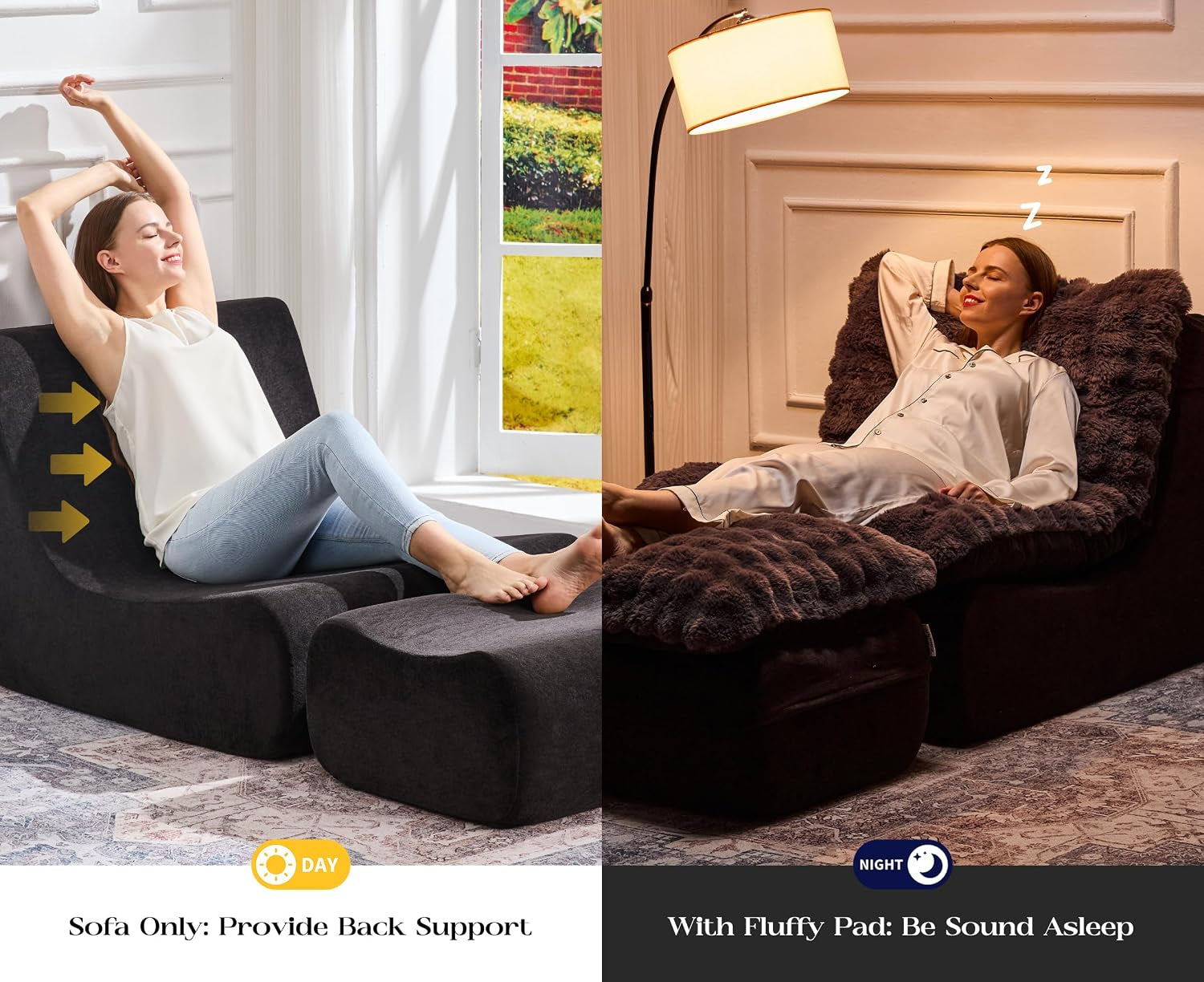 Split scene showing a woman sitting upright on the sofa by daylight and reclining asleep at night with fluffy pad.