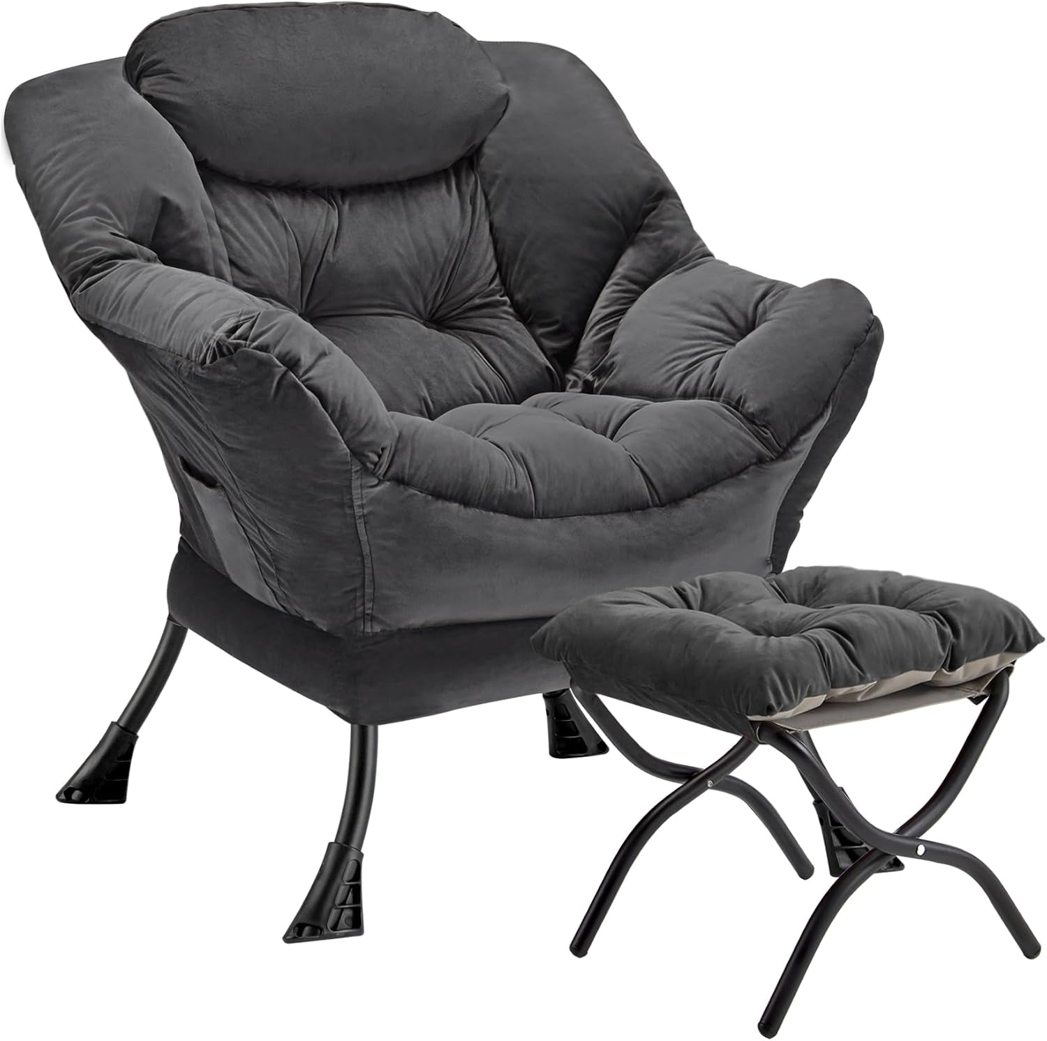 Dark charcoal plush folding armchair with matching tufted ottoman on black metal legs