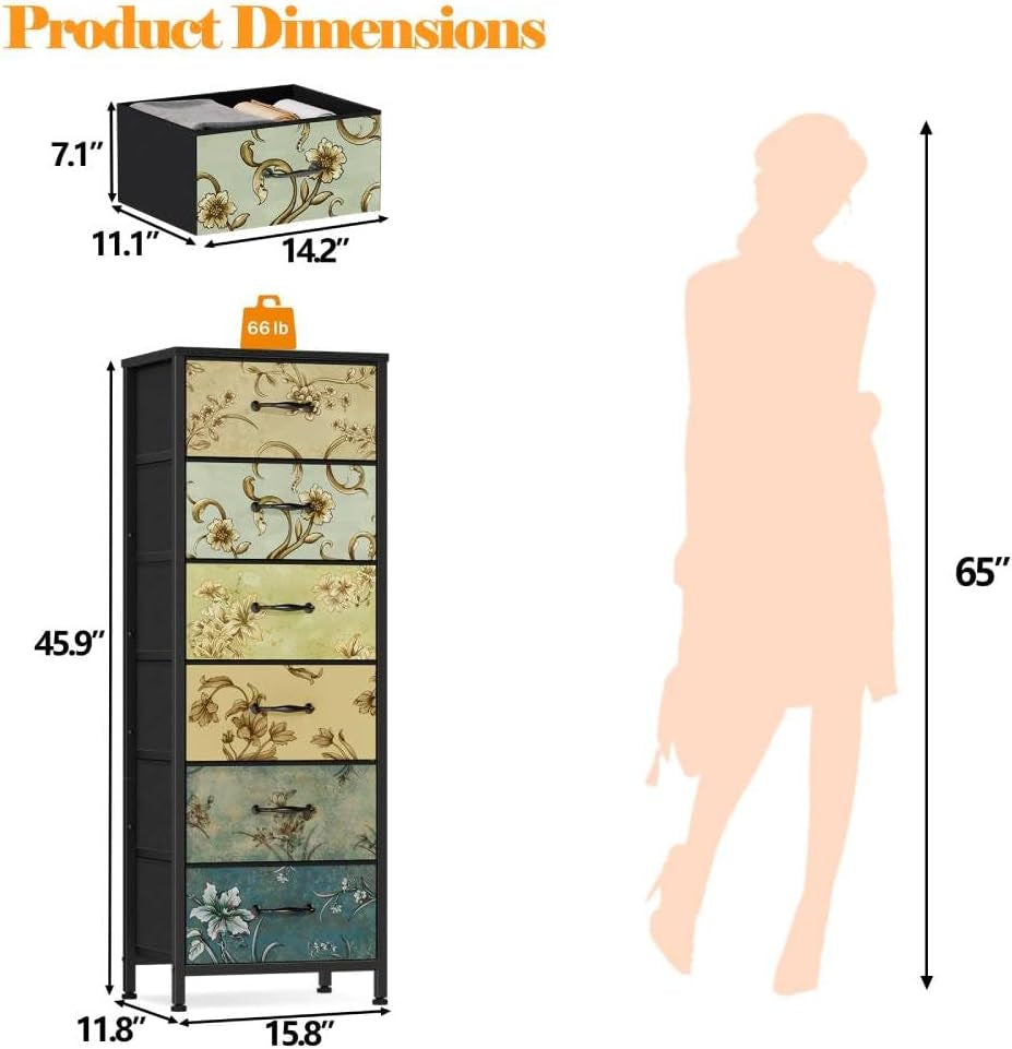 Illustrated product diagram showing dresser and drawer dimensions next to a human silhouette