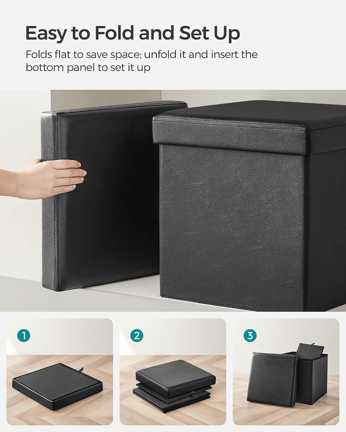 Two black ottomans shown folded flat and one assembled to illustrate easy fold-and-set-up steps