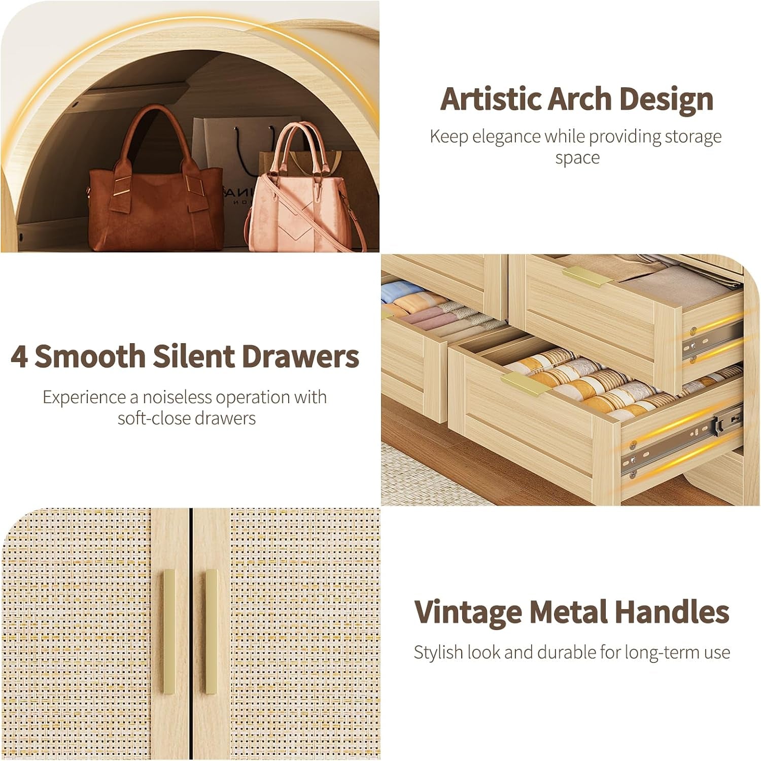 Four-panel collage: arched interior shelf with handbags, open drawers with folded items, and a close-up of woven door and