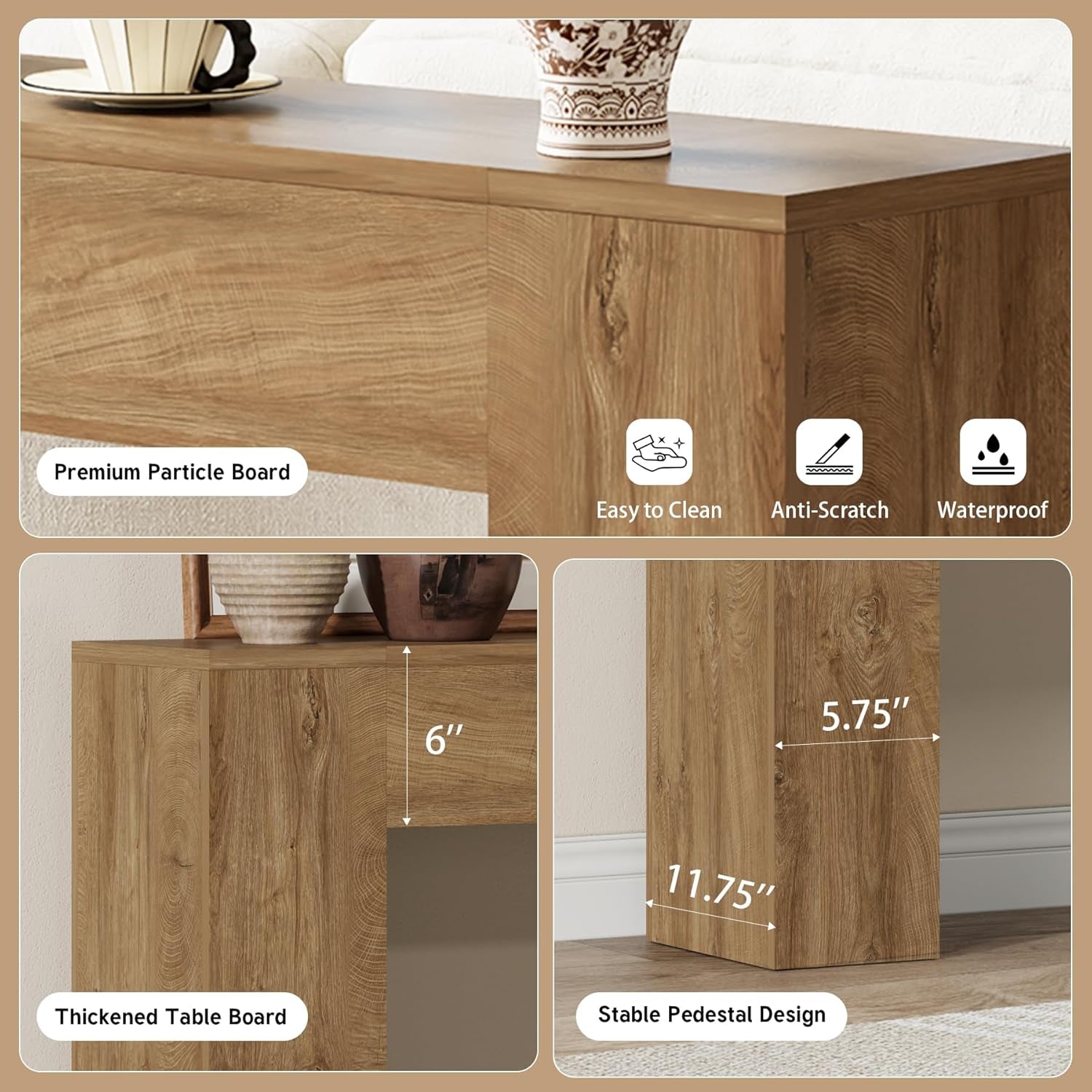 Close-up collage showing the table's warm oak veneer, thickened top edge and stable pedestal leg details