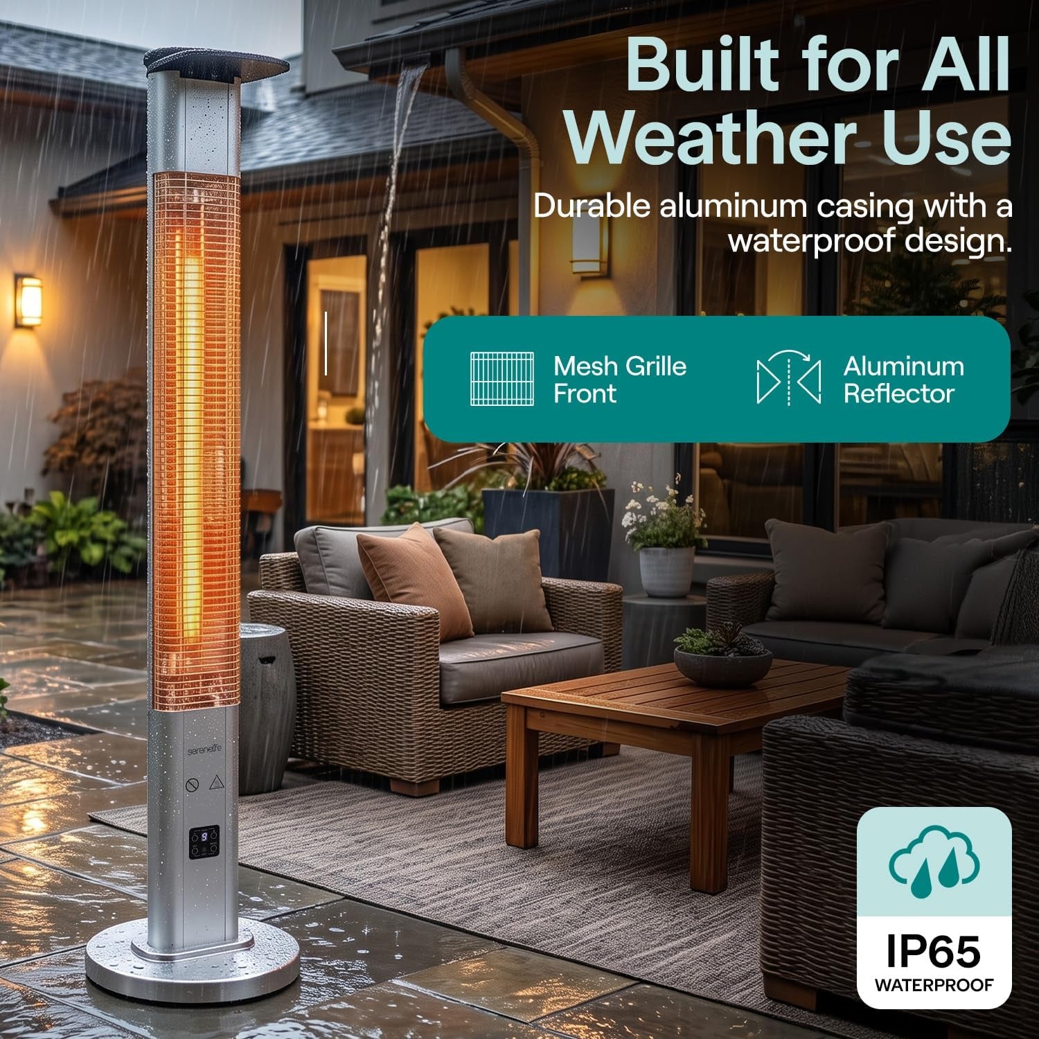 Outdoor patio heater glowing in heavy rain on a stone patio showing mesh grille and aluminum finish