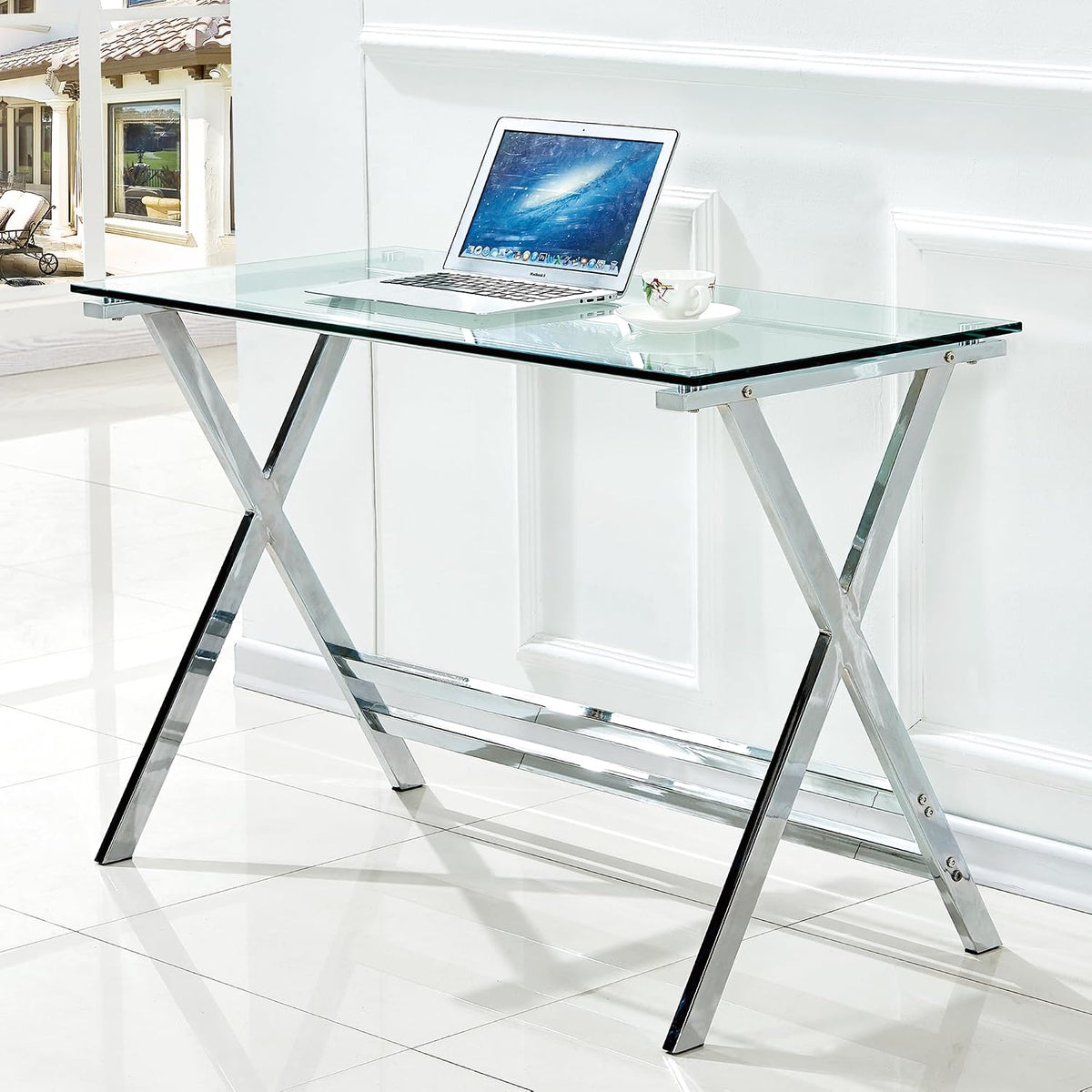 Close-up of clear glass top and chrome X-shaped leg with visible horizontal support bars
