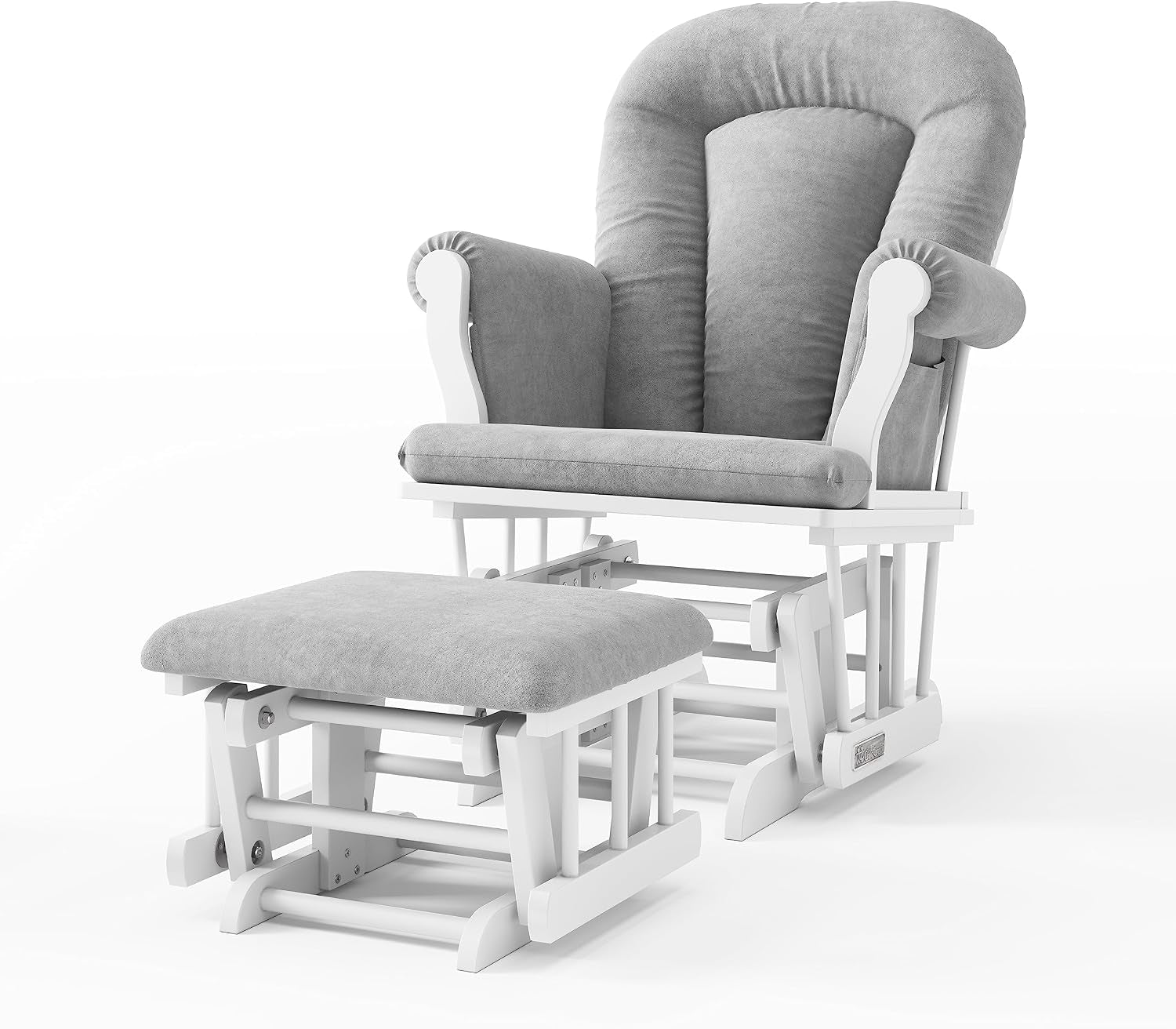 Three-quarter front view of a white wooden glider rocker with gray upholstered cushions and matching ottoman.