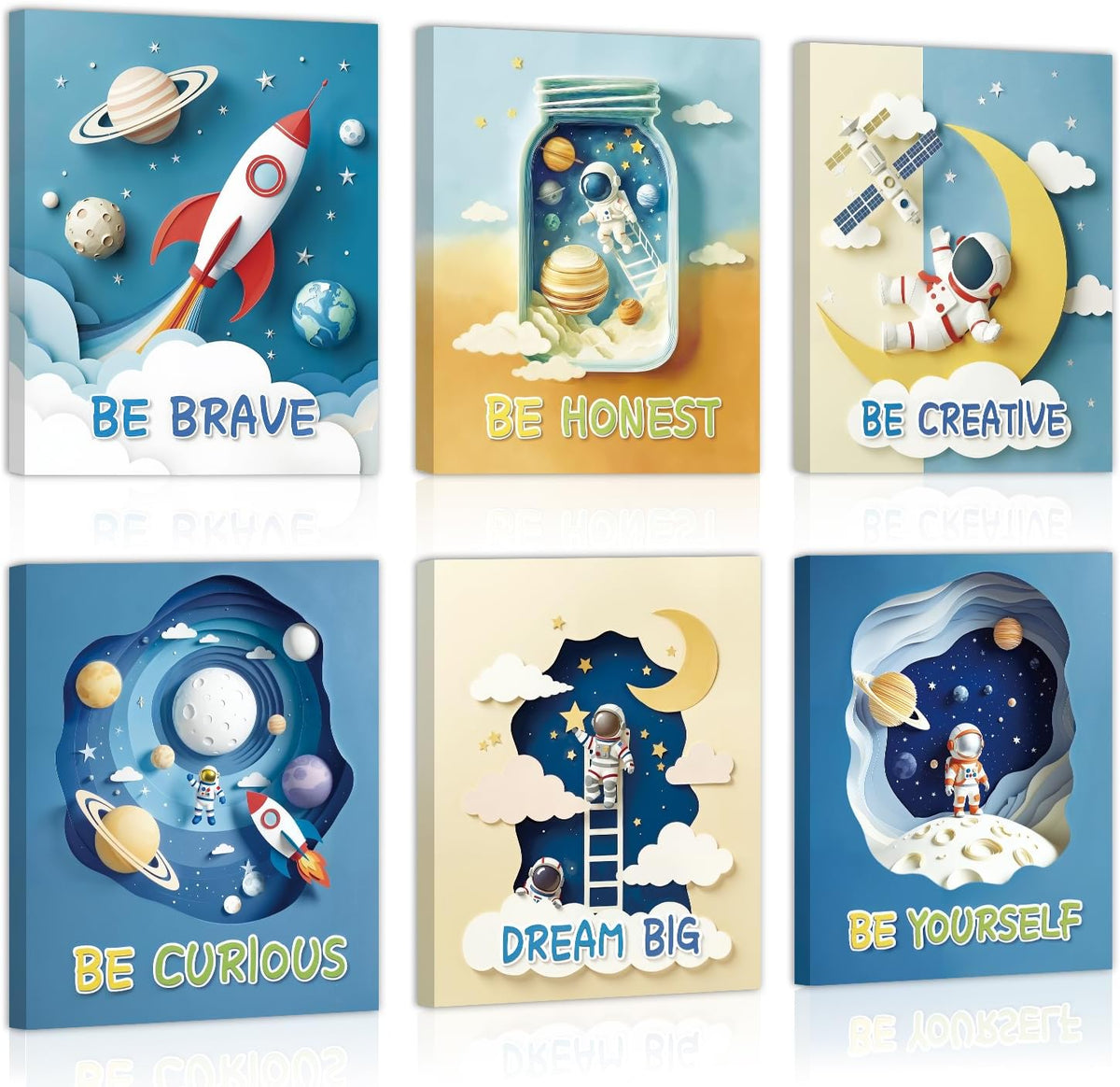 Six framed canvas prints with space-themed illustrations and short motivational phrases.