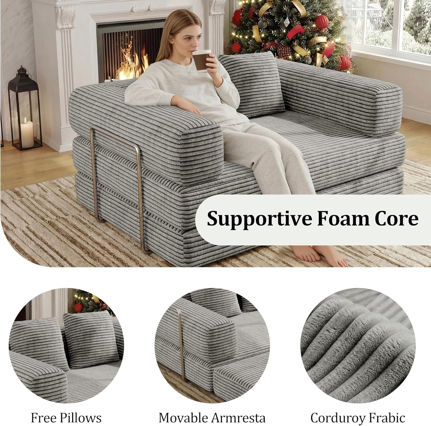 4 in 1 Convertible Sofas Boneless Couches with 2 Pillow, Modern Corduroy Futon Bed, Modular Queen Sofa with Pull-Out Bed, Loveseat for Living Room, Small Space Apartment 53.15" Double Sofa