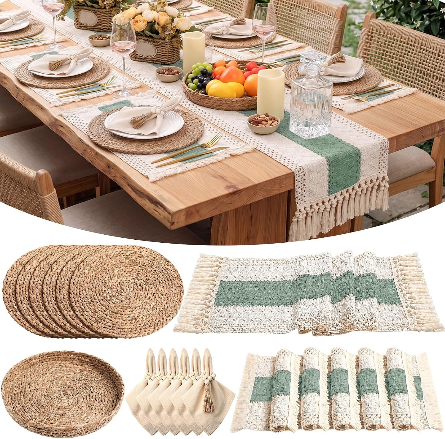 Dining table set outdoors with cream runner featuring a wide green stripe and woven round placemats