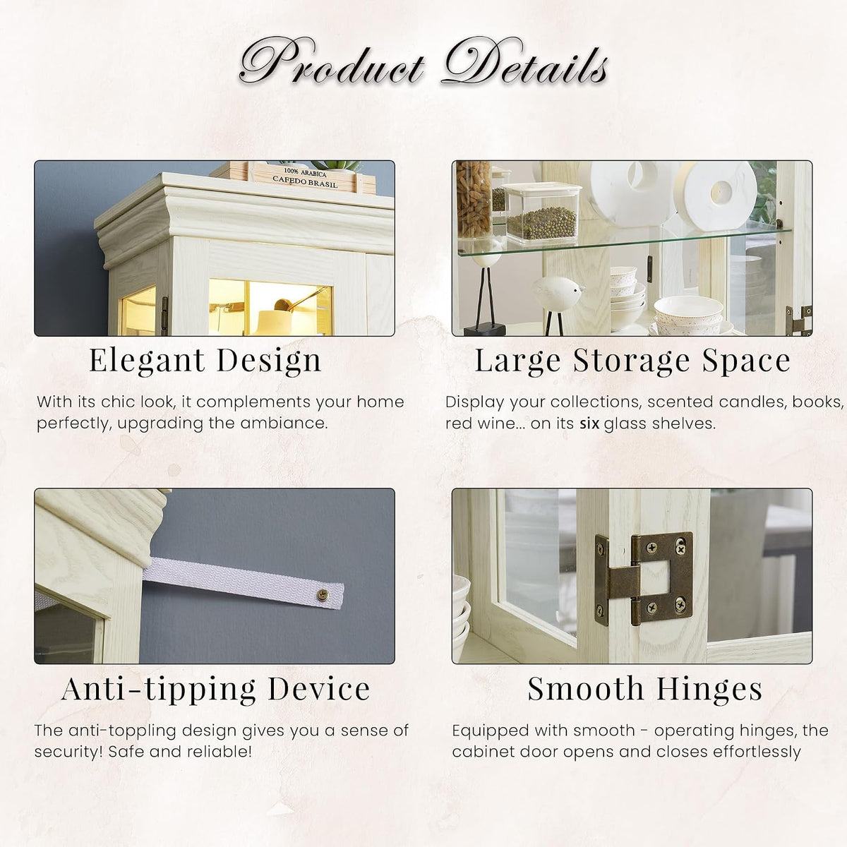 Detail collage showing crown molding, tempered glass shelf, anti-tipping strap and door hinge close-ups