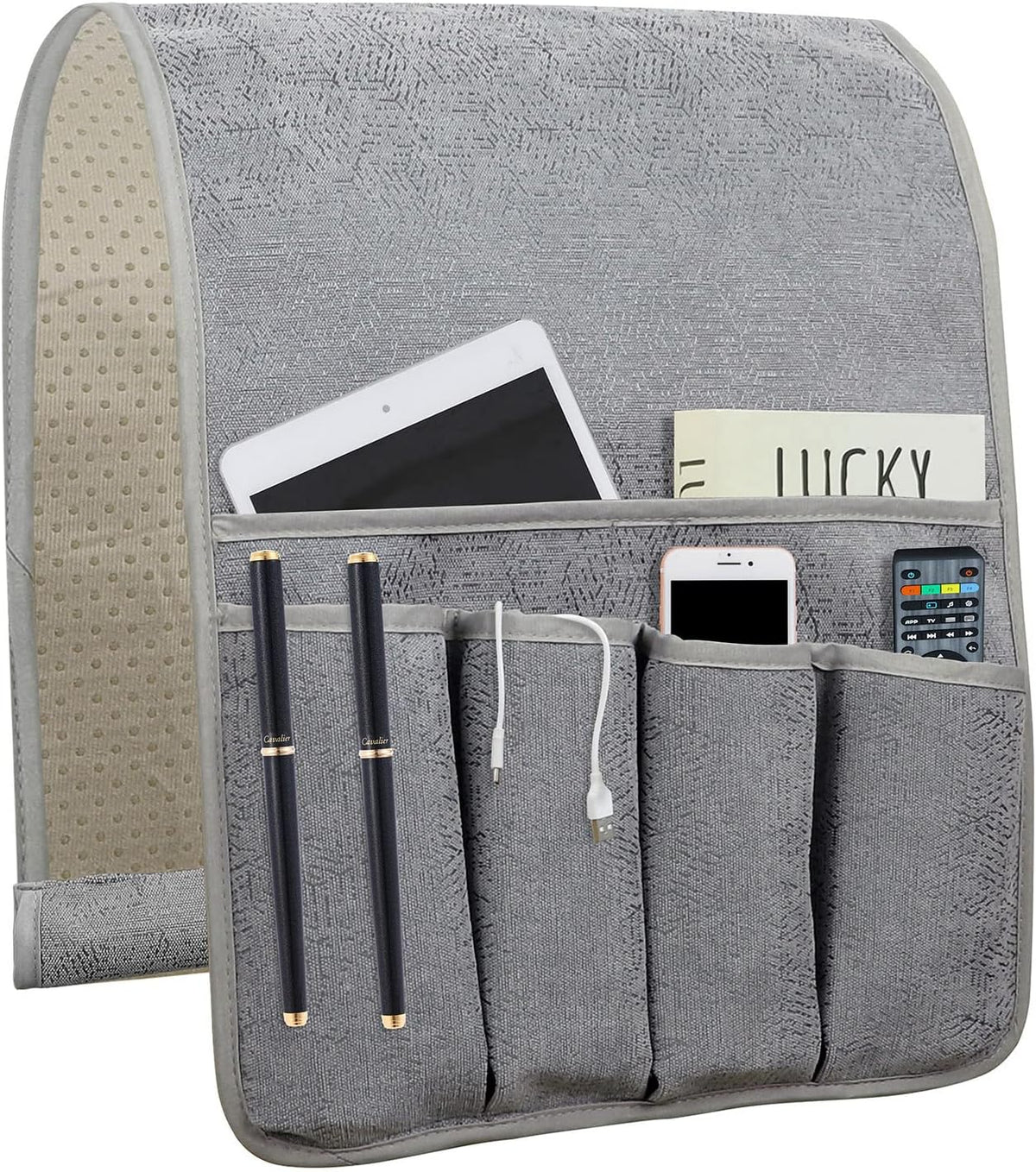 Gray textured organizer front with five pockets holding tablet, phone, remote, pens and a charging cable.