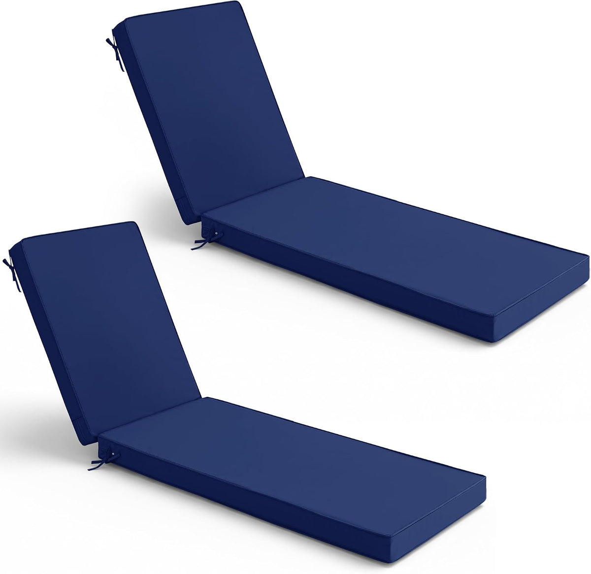 Two navy-blue chaise lounge cushions shown flat with adjustable backrests and tie straps
