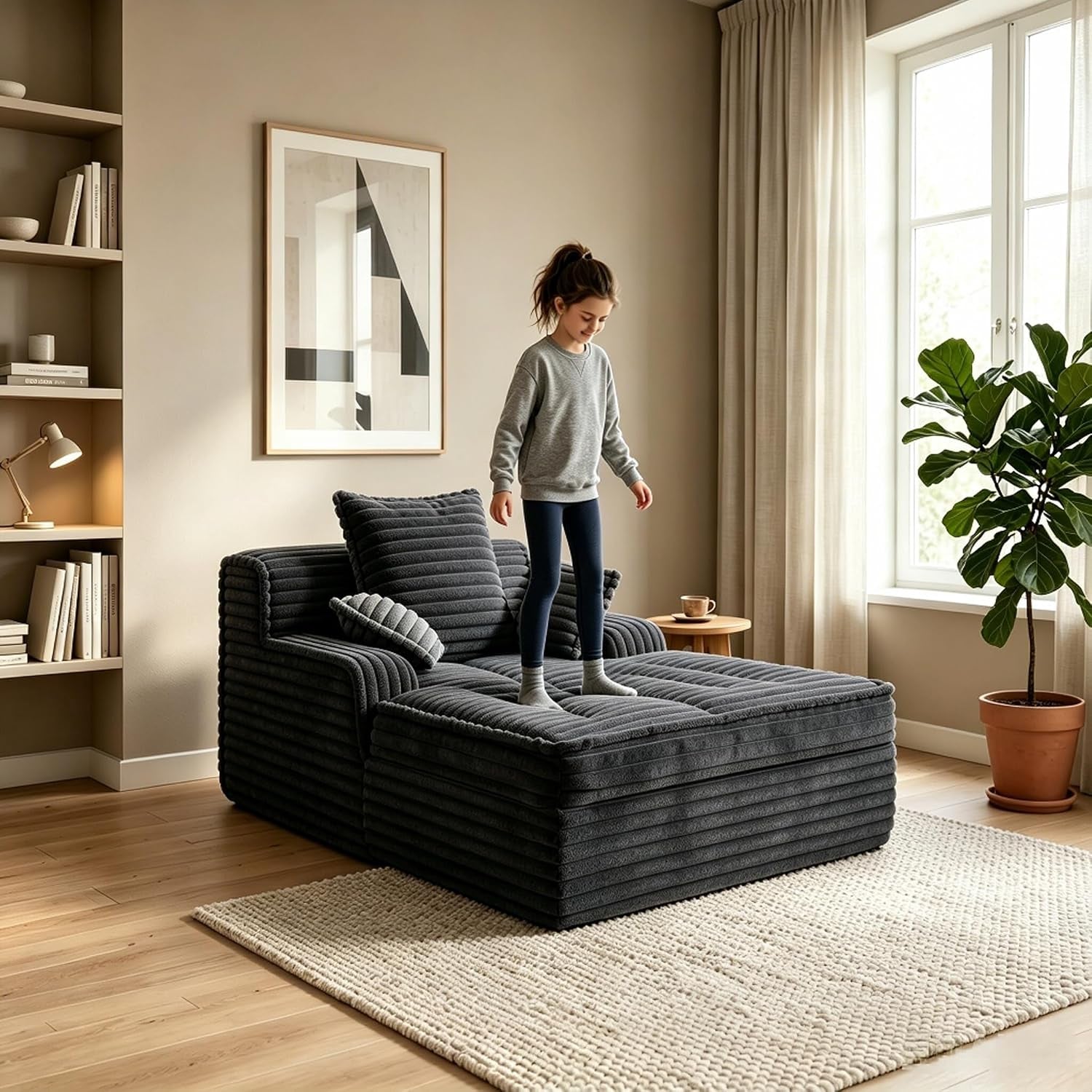 Grey boneless chaise lounge placed in a bright room with a child standing on the seat