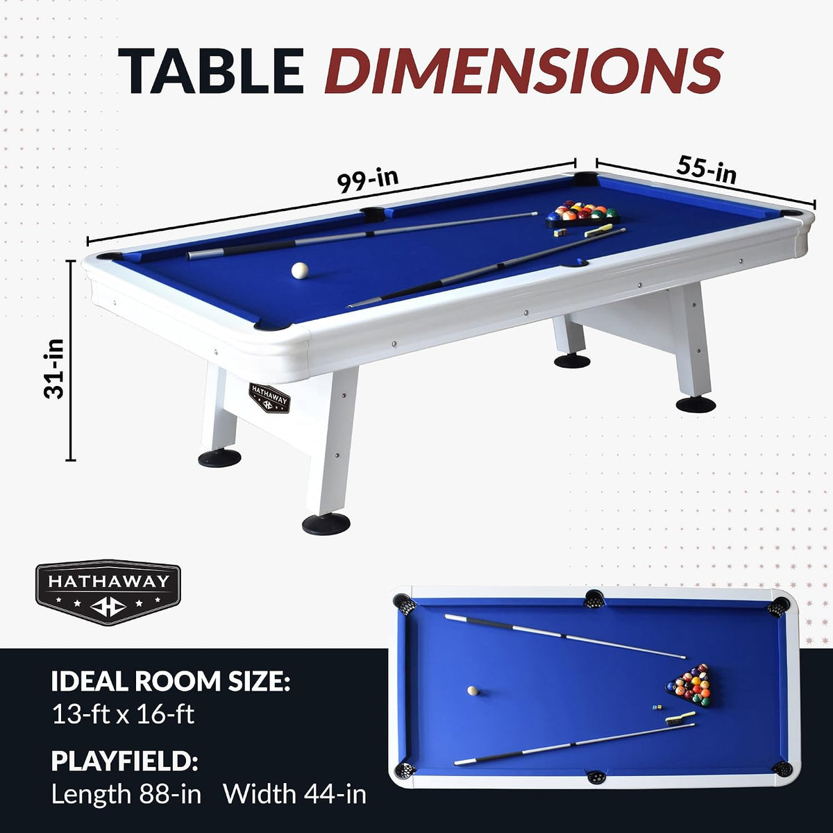 Blue-felt pool table with dimension overlays showing overall 99 in × 55 in × 31 in and a playfield inset