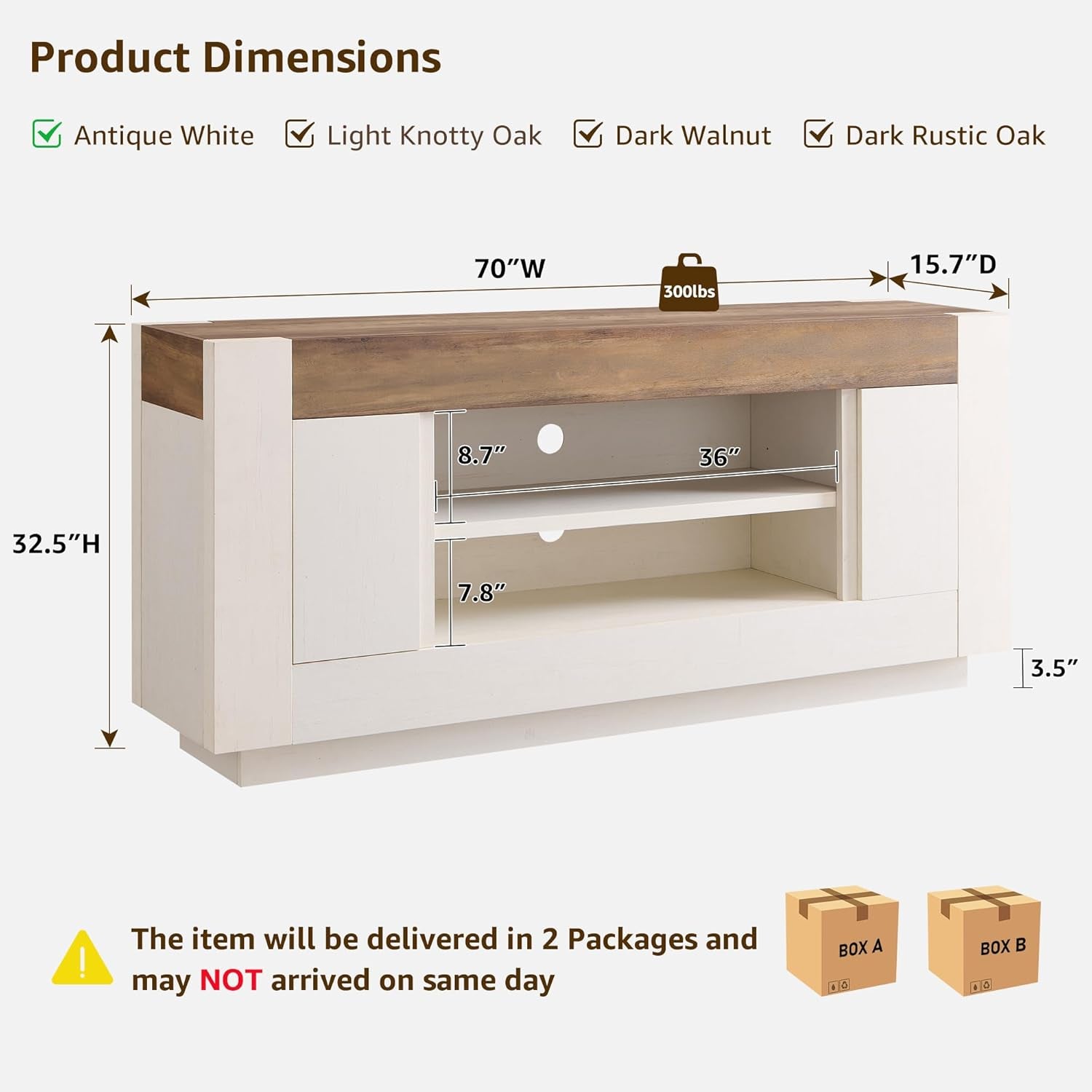 70-inch TV stand diagram showing tabletop width, load capacity icon and open shelf measurements on white background