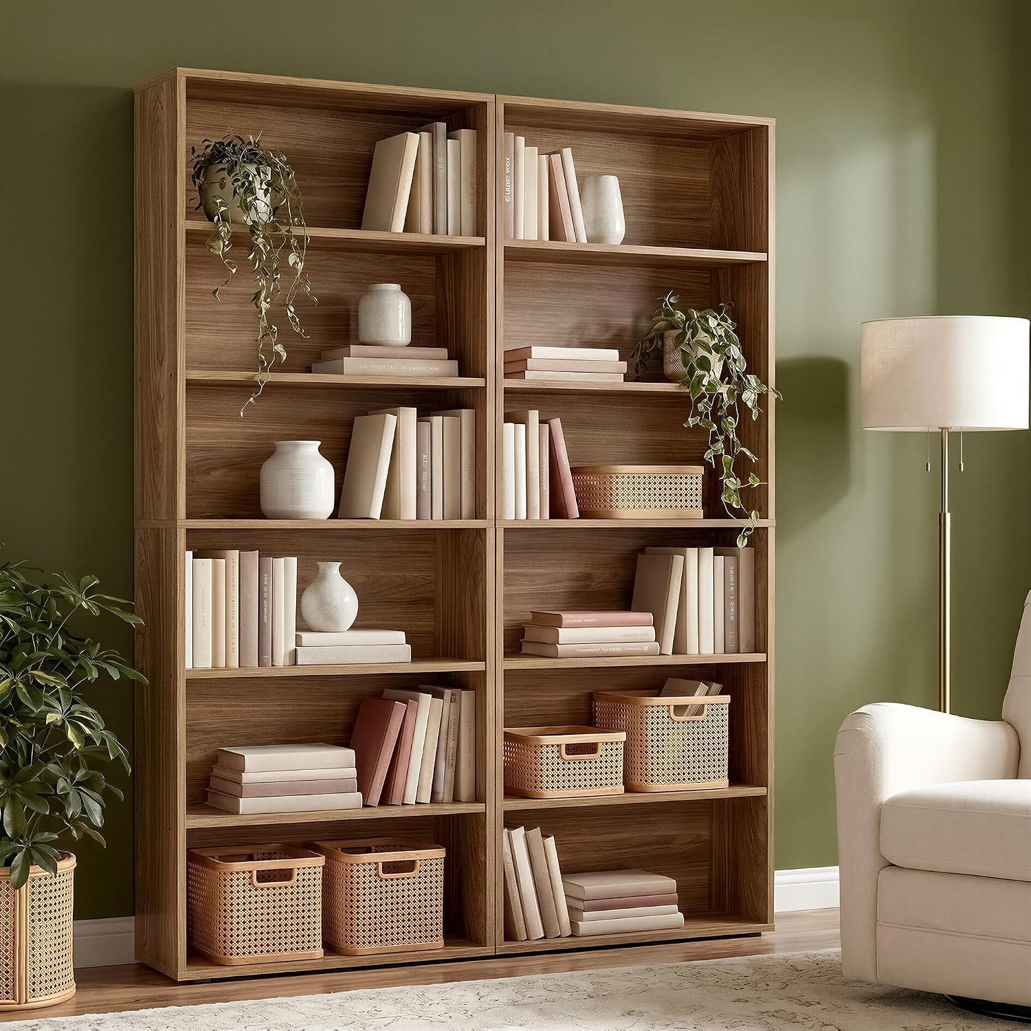 Oak brown 6-tier bookcases double stack against a green wall beside a floor lamp