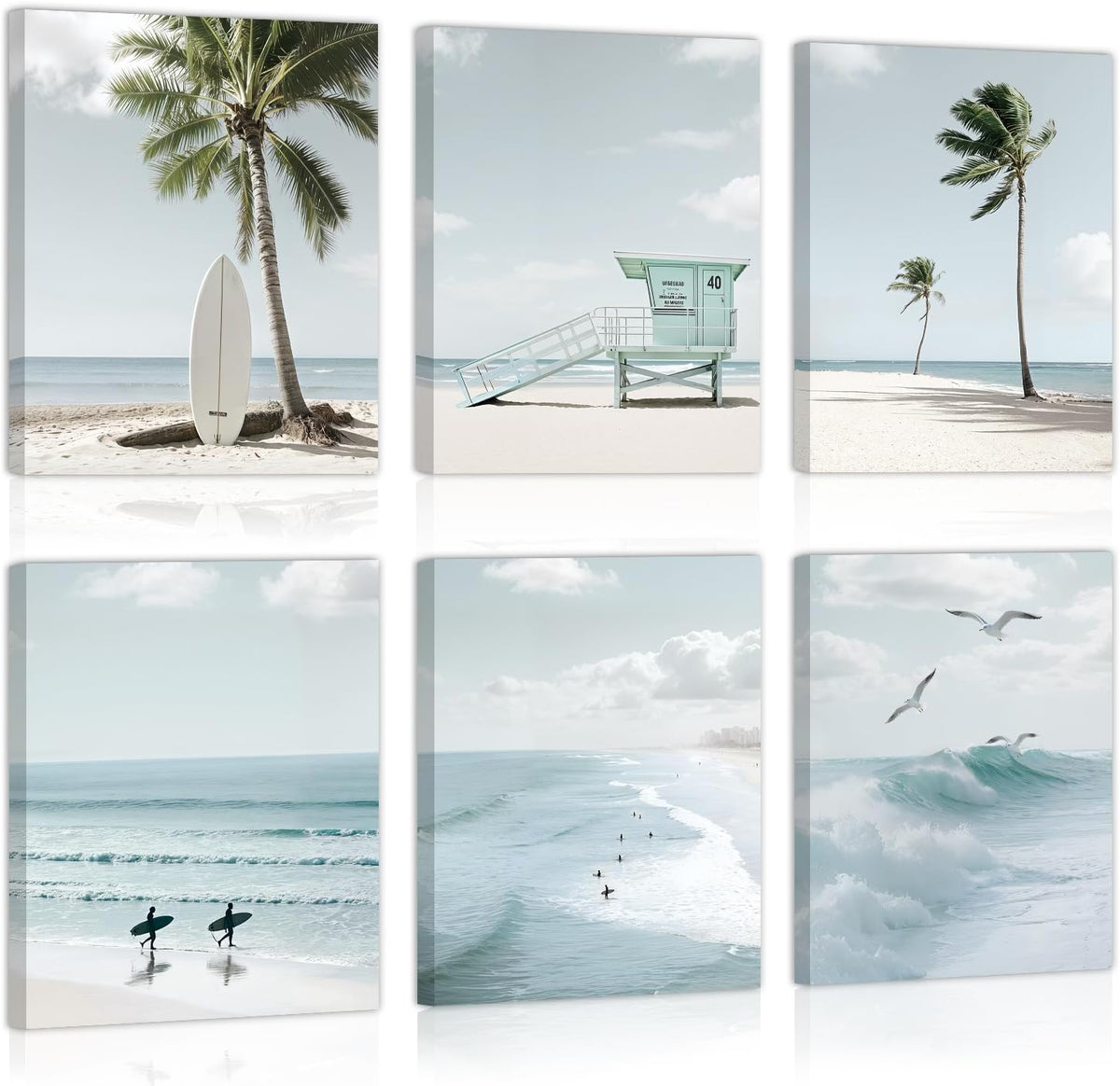 Six muted-teal coastal photographs arranged in two rows featuring surfboards, lifeguard tower, palm trees and ocean scenes.