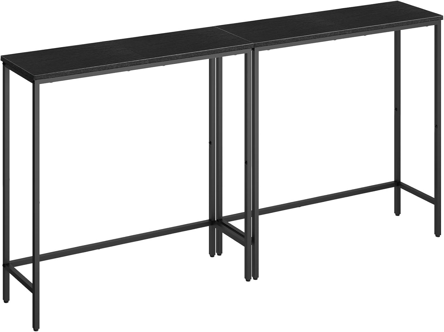 Two narrow console tables joined end-to-end, black wood-look tops on black metal frames, angled front view.