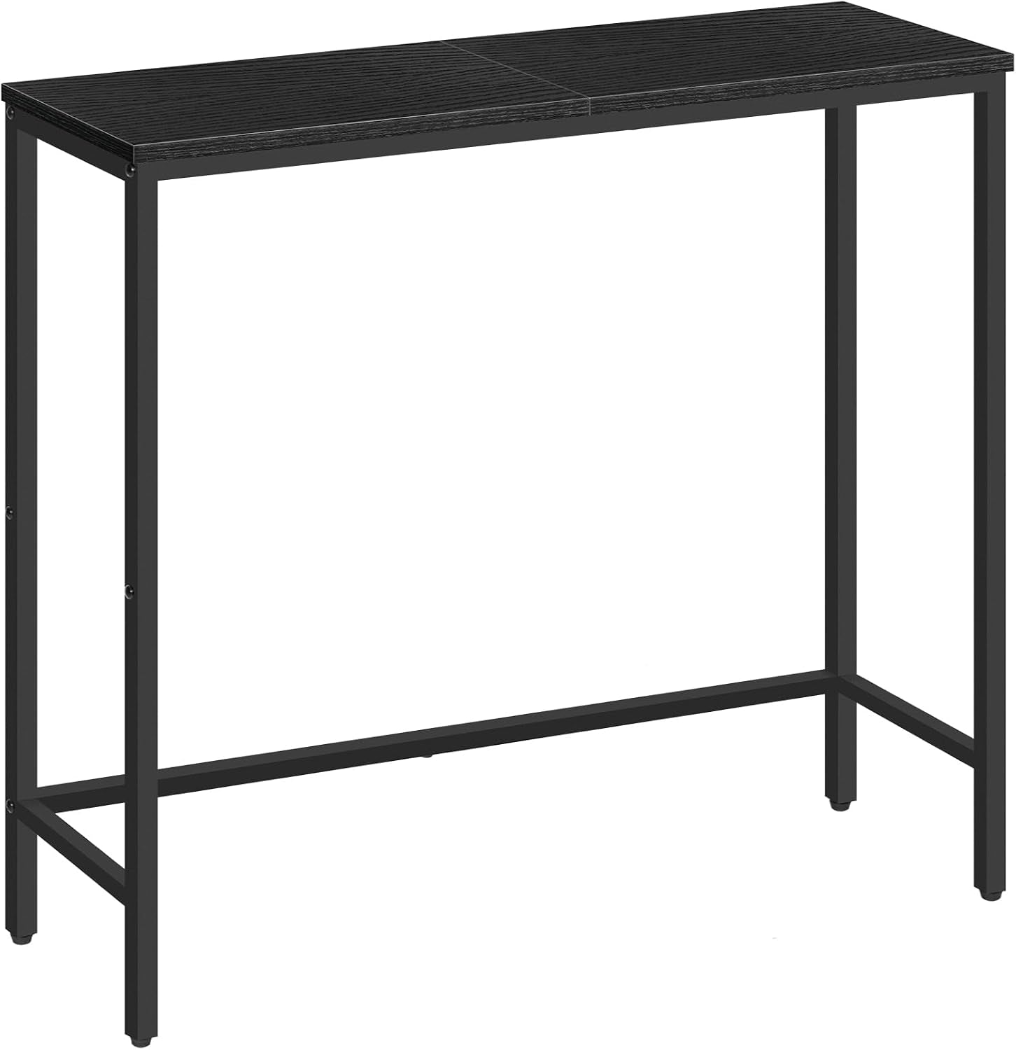 Single narrow console table with black wood-look top and black metal frame, side-front angle.